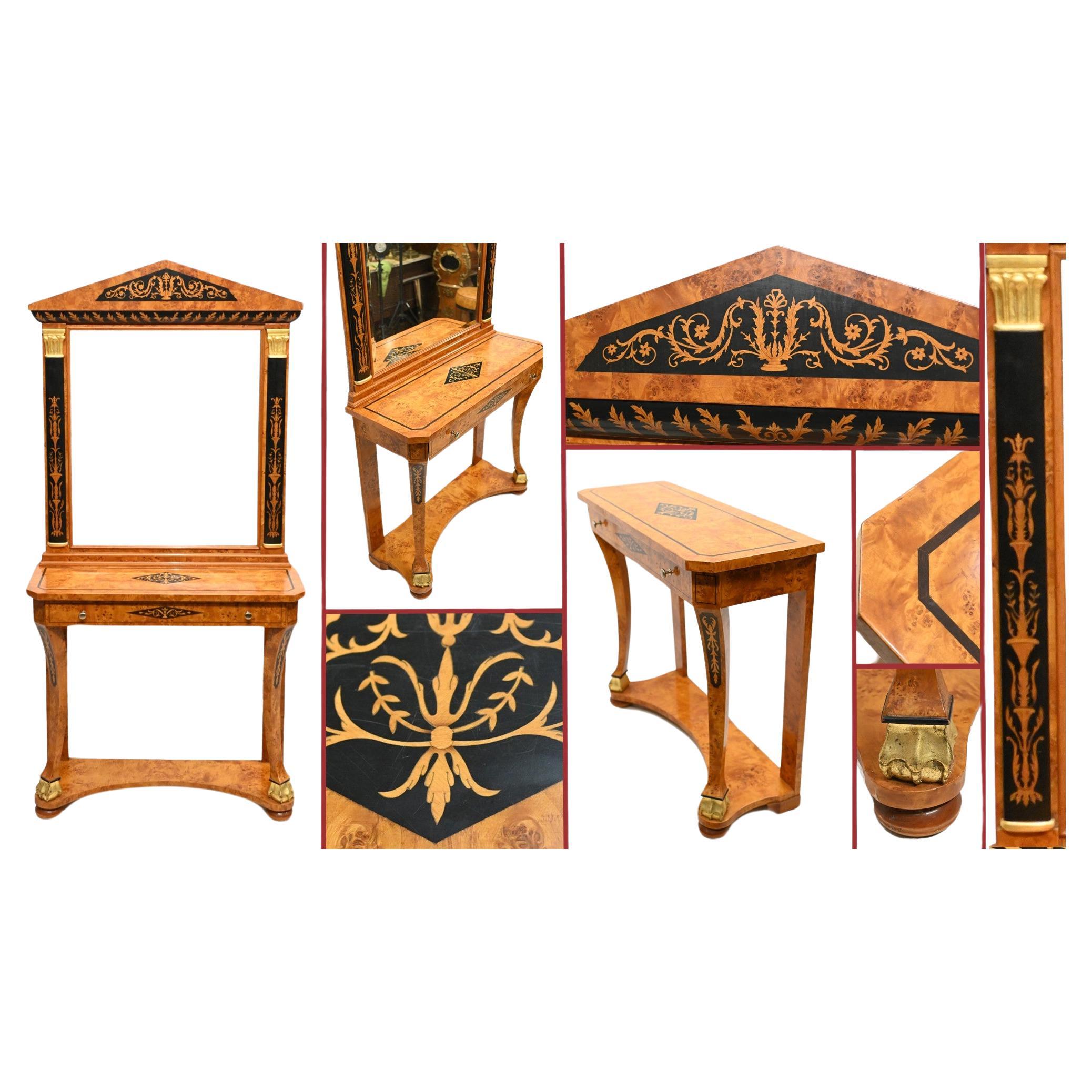 Table console italienne ancienne et miroir incrusté d'ébène de bois de satin en vente