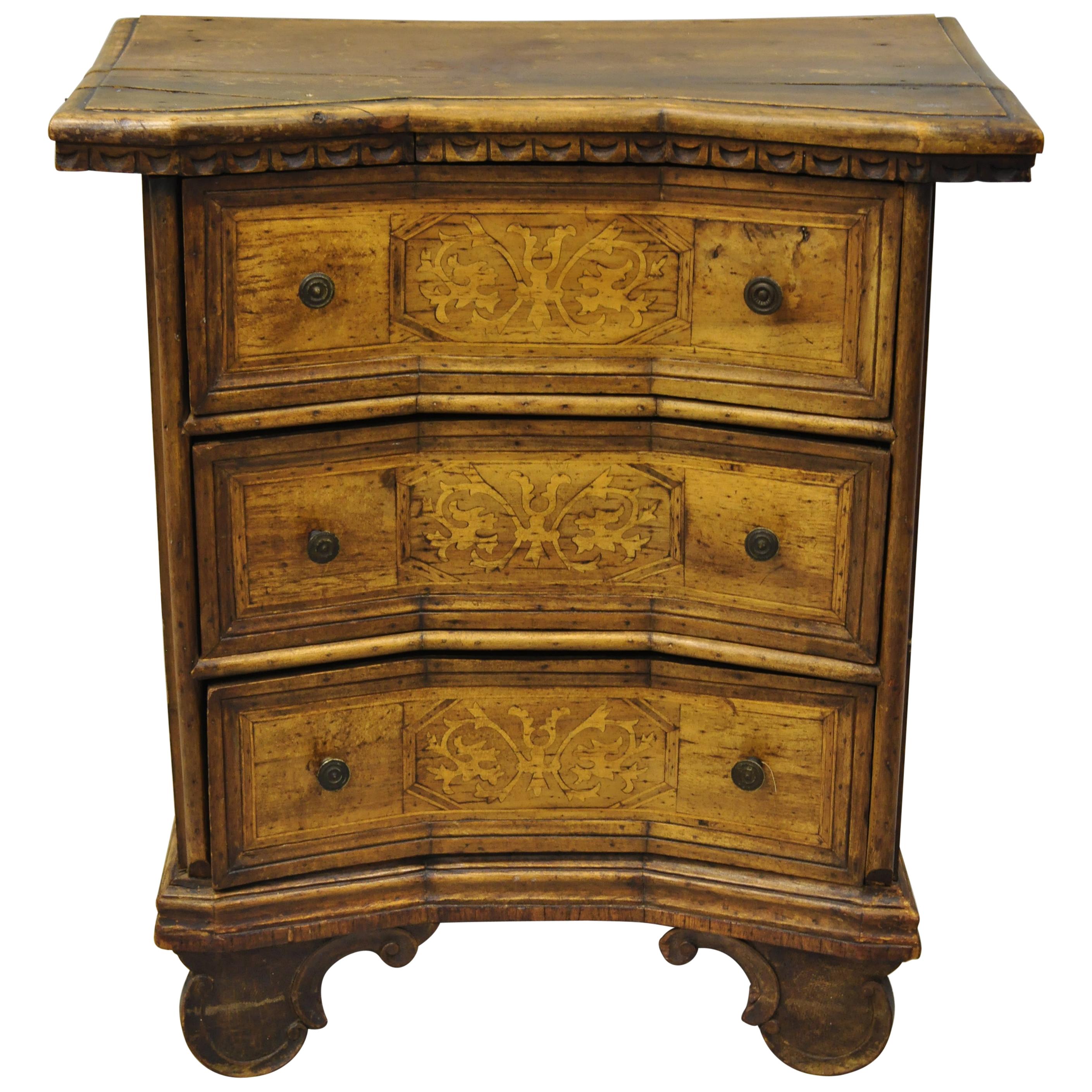 Antique Italian Continental 3-Drawer Inlaid Walnut Commode Chest Nightstand
