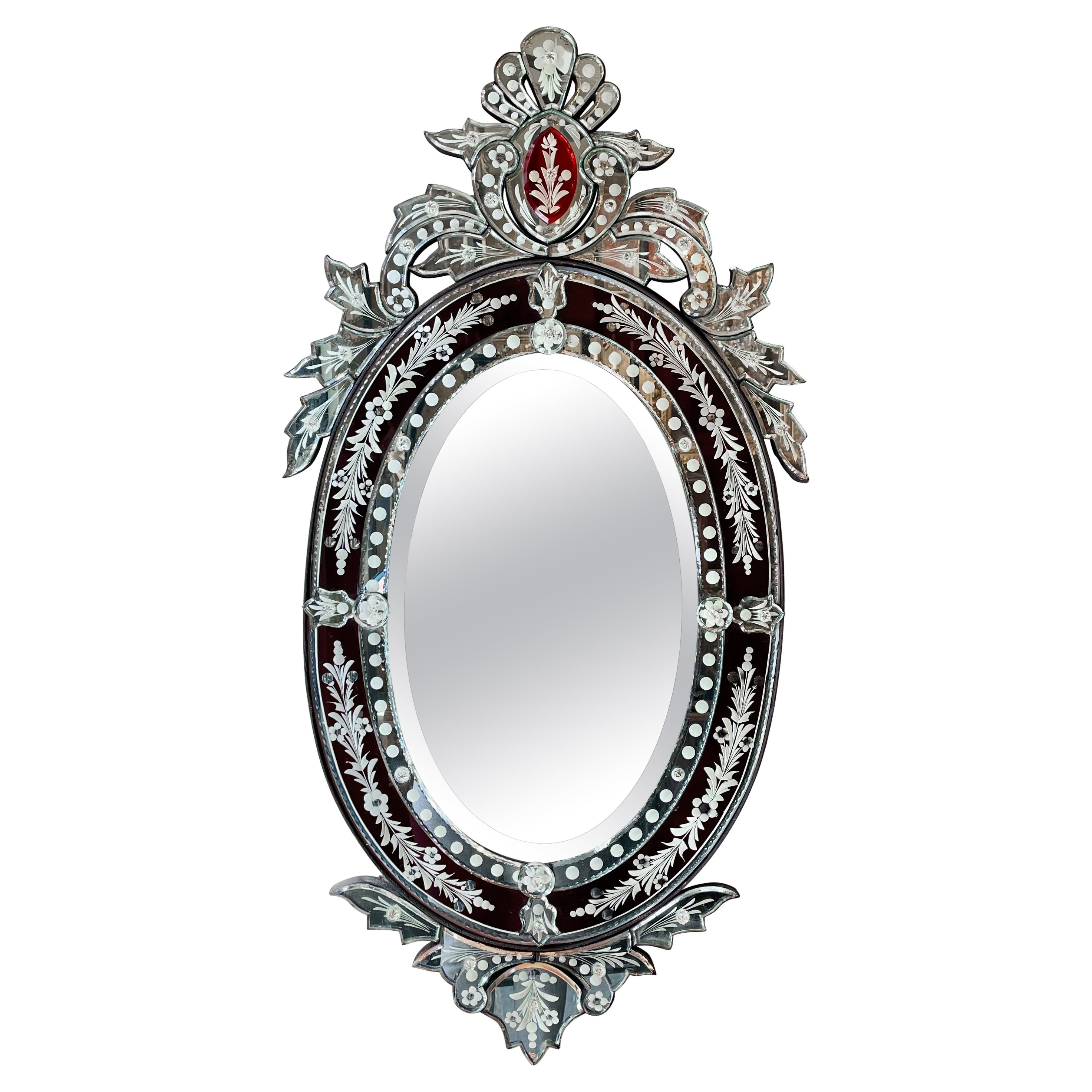 Antique Italian Cranberry Colored Cut to Clear Venetian Glass Mirror, Circa 1900