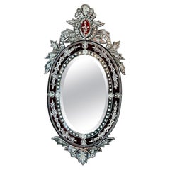 Antique Italian Cranberry Colored Cut to Clear Venetian Glass Mirror, Circa 1900