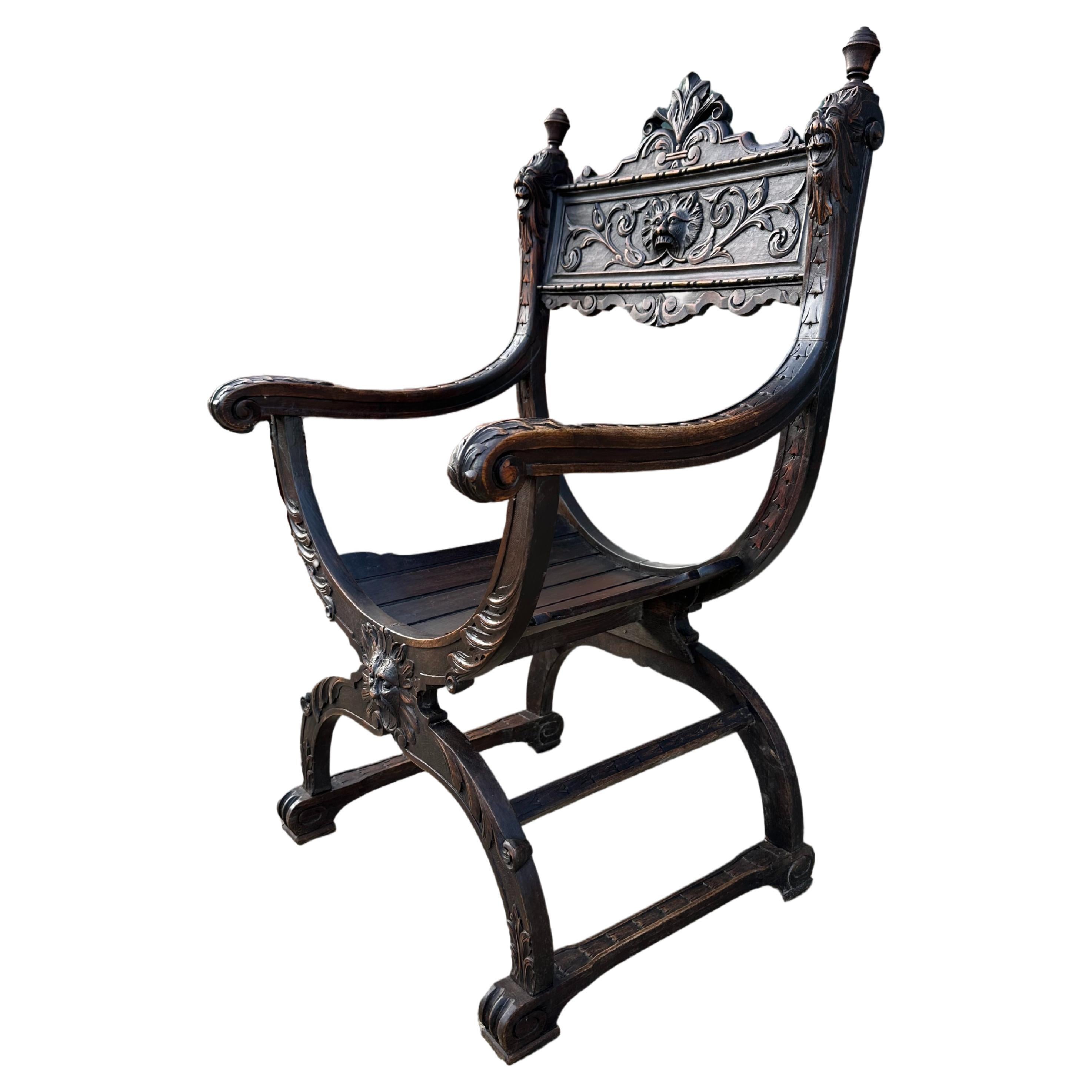Antique Italian Curule/ Savonarola Carved Renaissance Revival Chair.