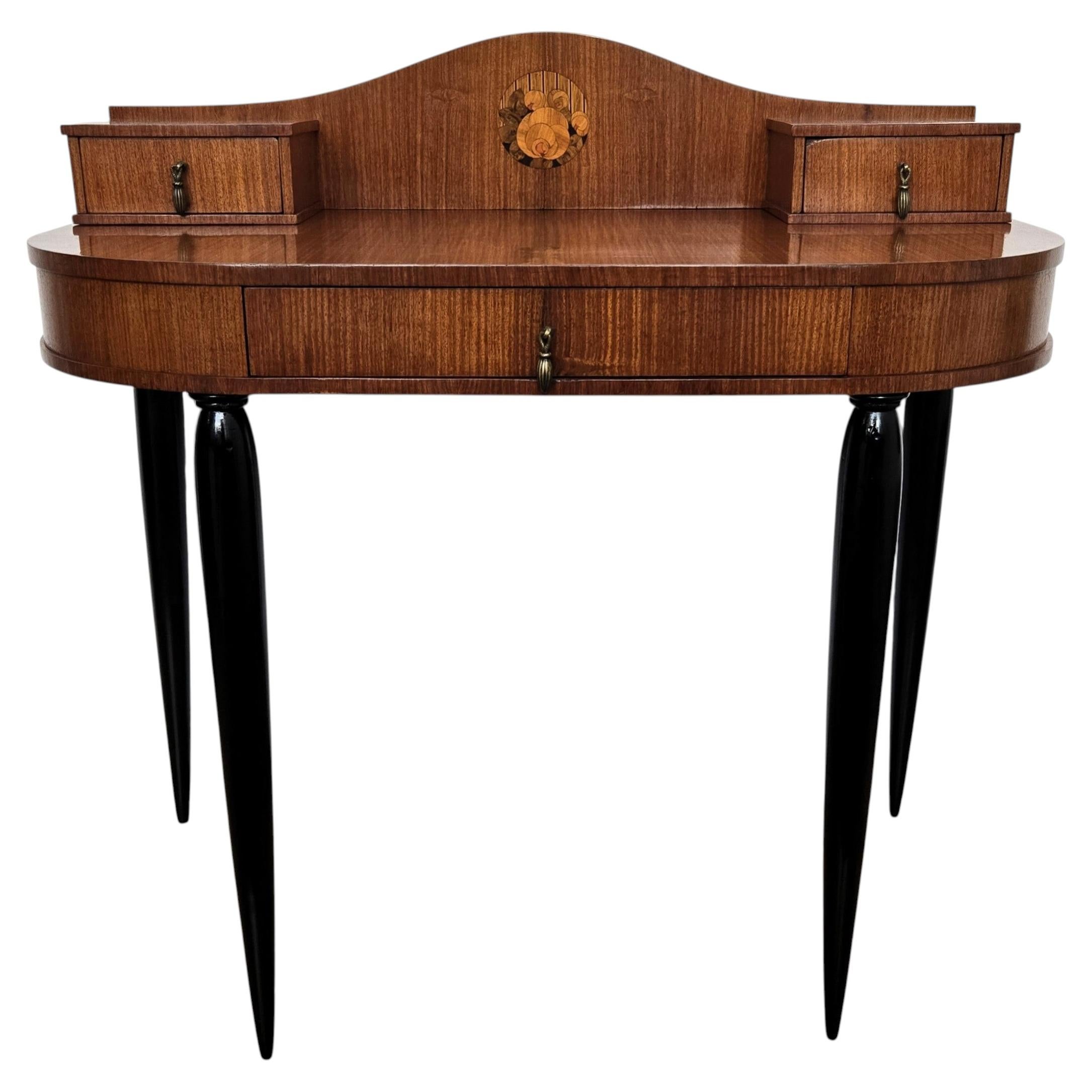 Antique Italian Curve Shaped Inlay Walnut Burl Wood Writing Desk Table