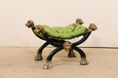 Antique Italian Dante "Lion" Stool in Black & Gold w/Lovely Green Damask Cushion