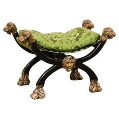 Antique Italian Dante "Lion" Stool in Black & Gold w/Lovely Green Damask Cushion