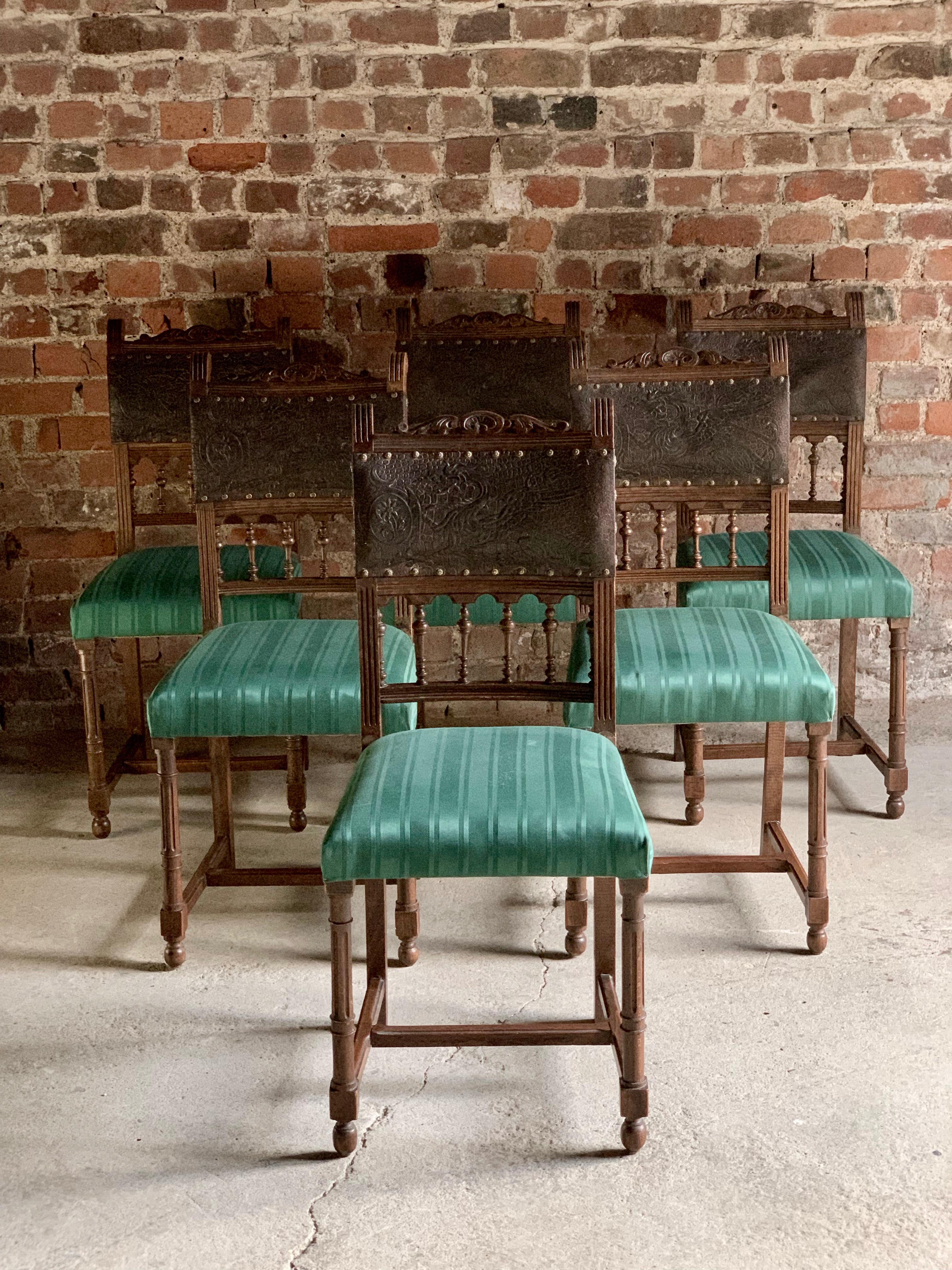 Antique Italian Dining Chairs Set of Six Oak Leather Italian, 19th Century 3