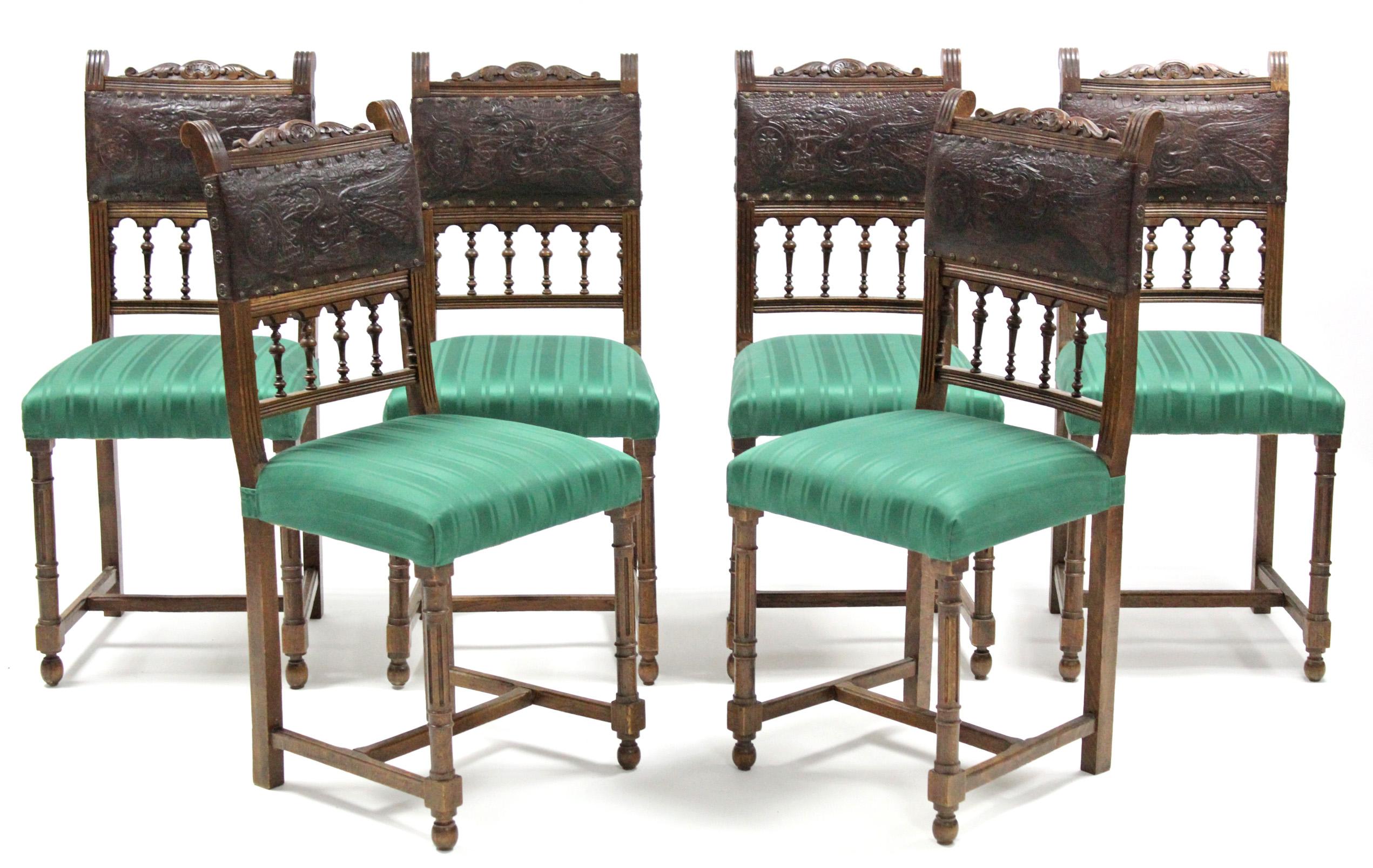 Antique Italian Dining Chairs Set of Six Oak Leather Italian, 19th Century 5
