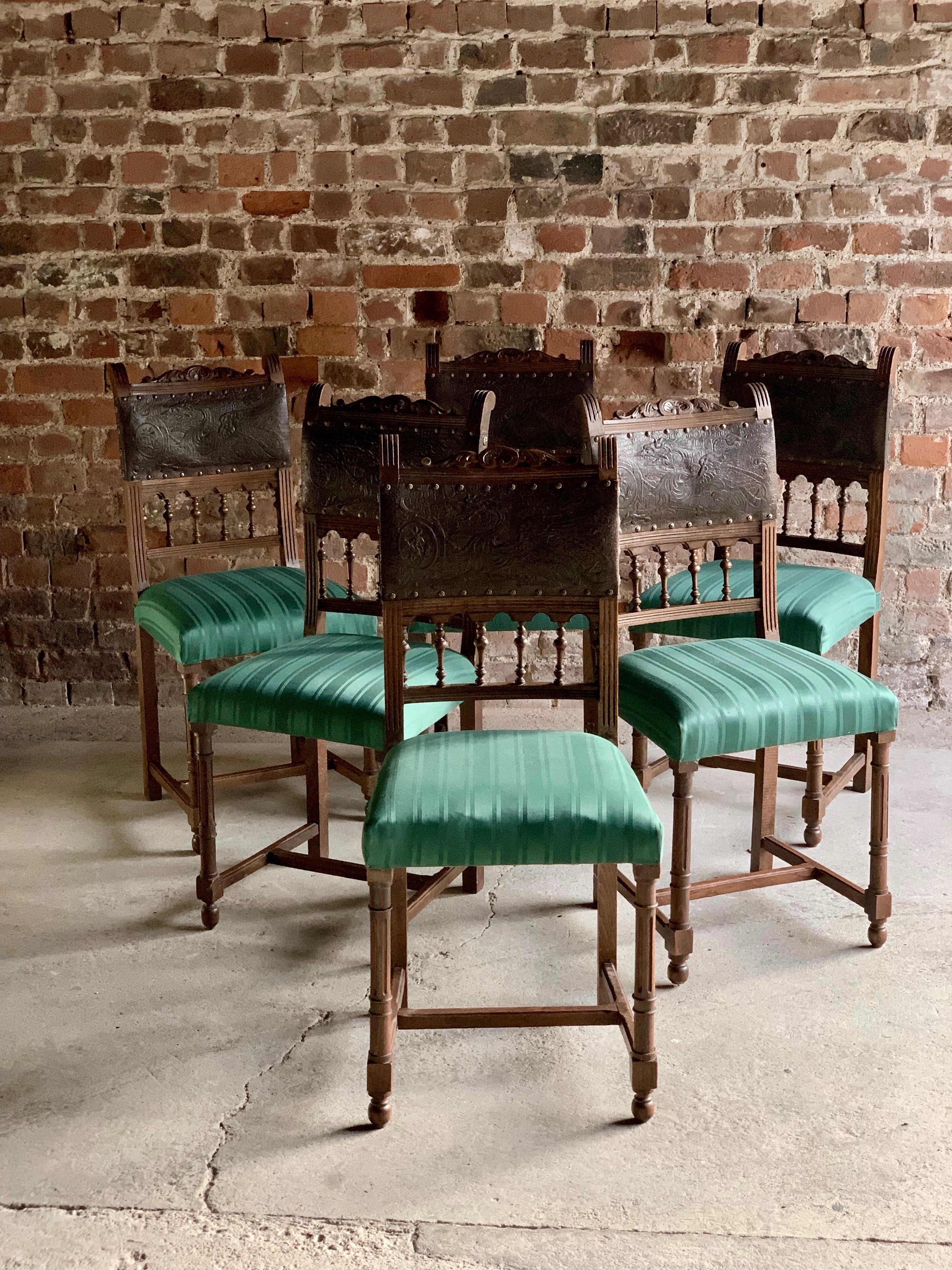 Antique Italian Dining Chairs Set of Six Oak Leather Italian, 19th Century (Leder)