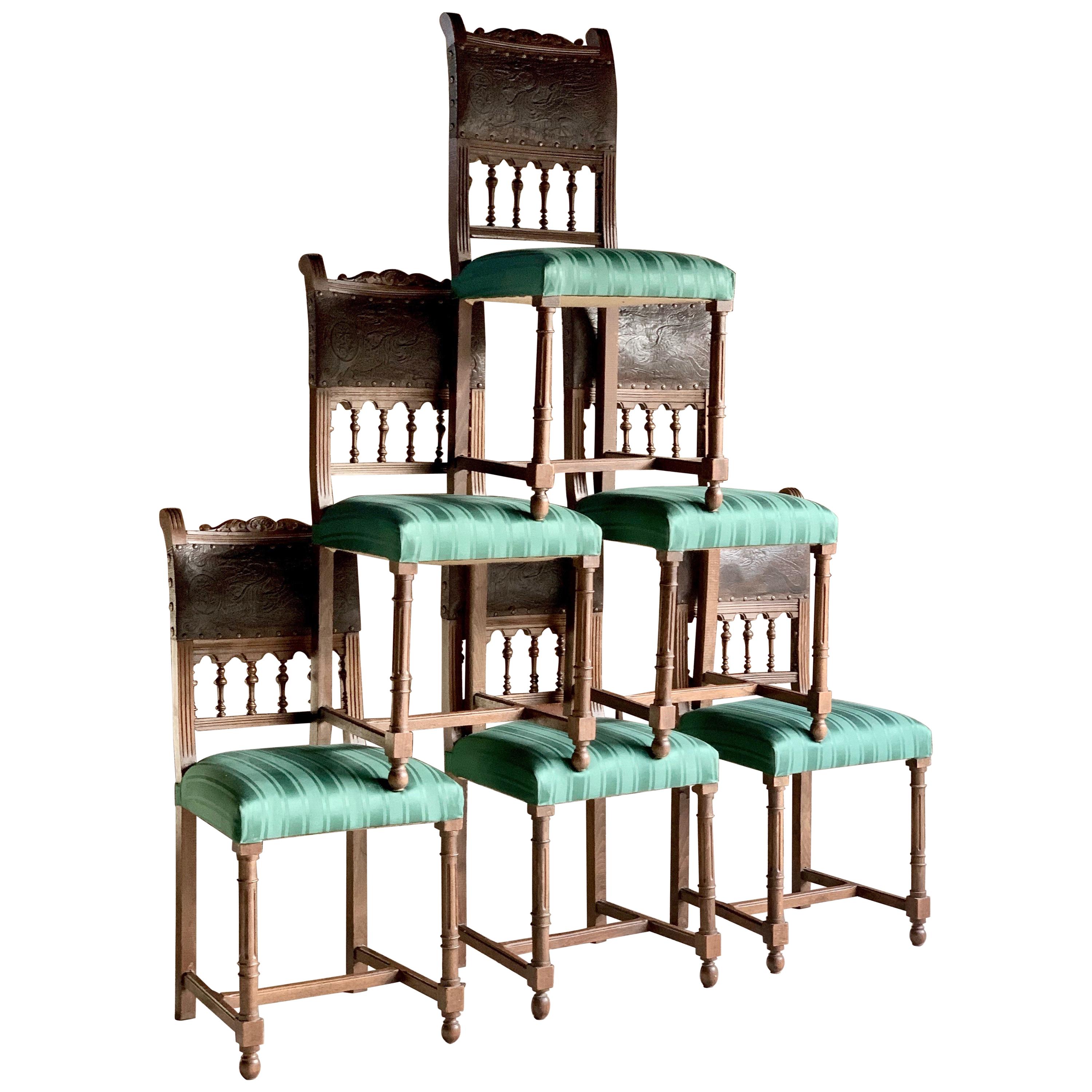 Antique Italian Dining Chairs Set of Six Oak Leather Italian, 19th Century