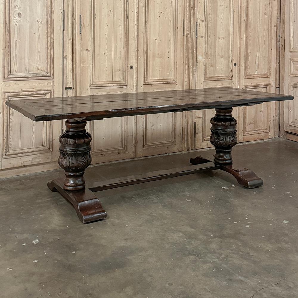 Antique Italian Dining Table provides an amazing amount of surface with unprecedented knee room, creating a dining experience that is both attractive and comfortable.  Hand-crafted from solid planks and timbers of old-growth oak, it features a solid