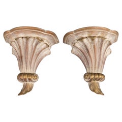 Antique Italian Distressed White and Gold Giltwood Wall Brackets Shelves, a Pair