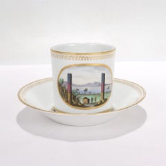 Antique Italian Doccia Topographical Porcelain Neoclassical Cup and Saucer