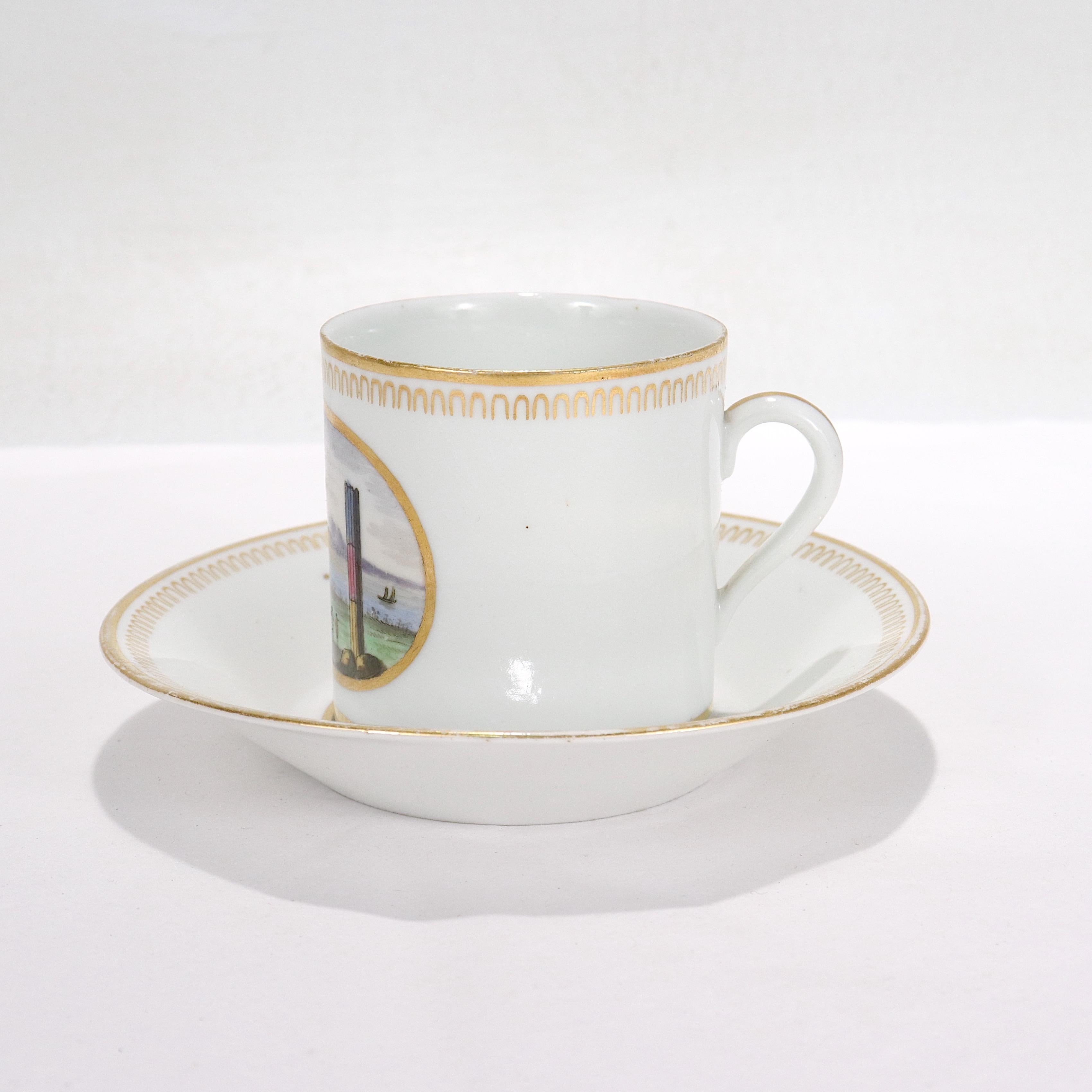 Painted Antique Italian Doccia Topographical Porcelain Neoclassical Cup and Saucer For Sale