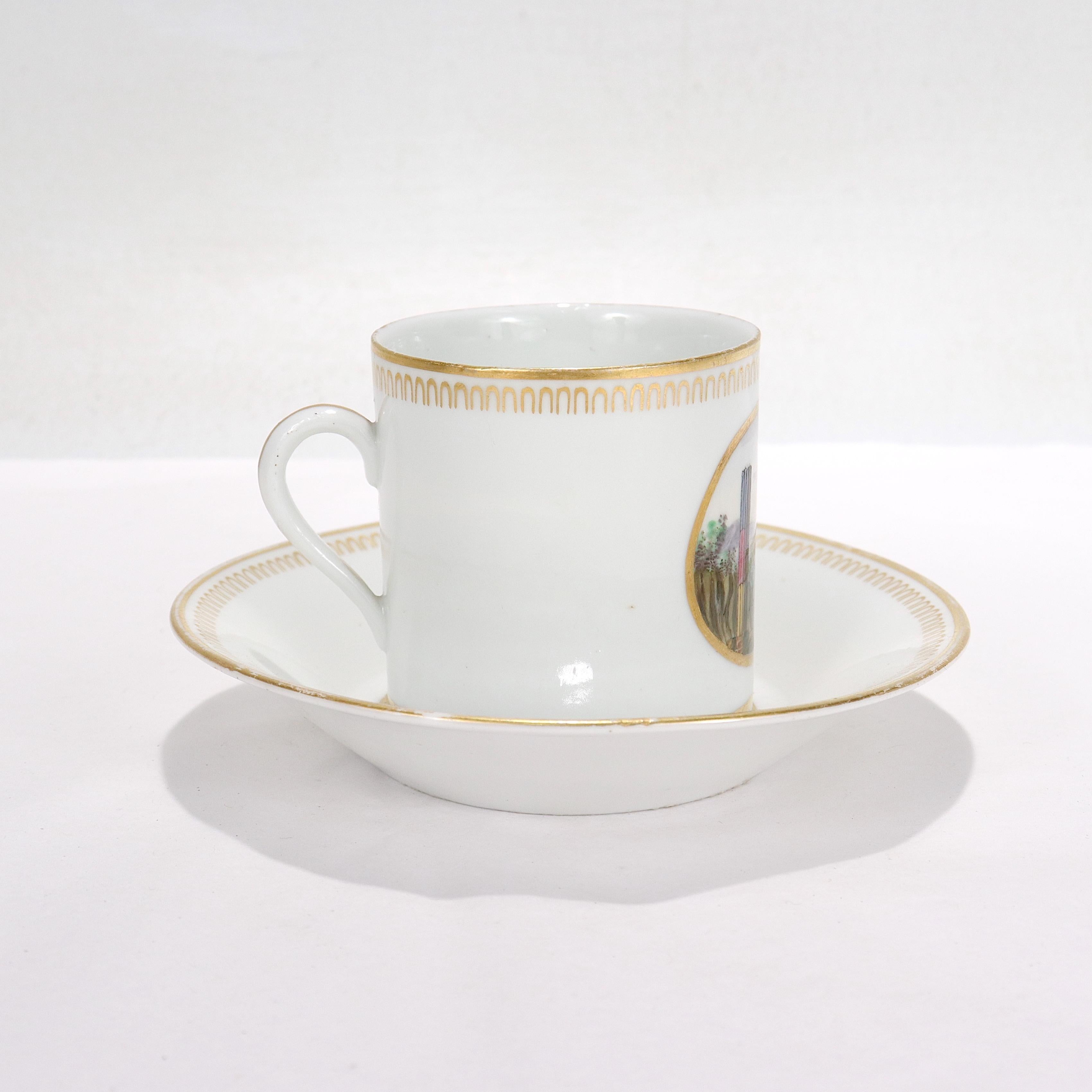 19th Century Antique Italian Doccia Topographical Porcelain Neoclassical Cup and Saucer For Sale
