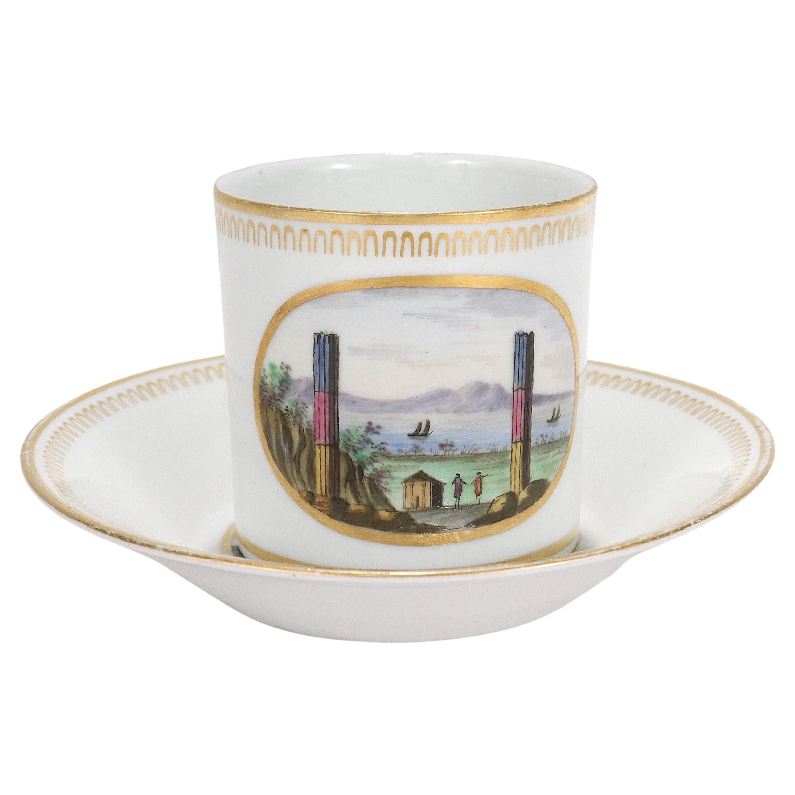 Tasse et soucoupe néoclassiques italiennes antiques en porcelaine topographique Doccia