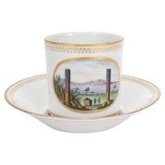 Antique Italian Doccia Topographical Porcelain Neoclassical Cup and Saucer