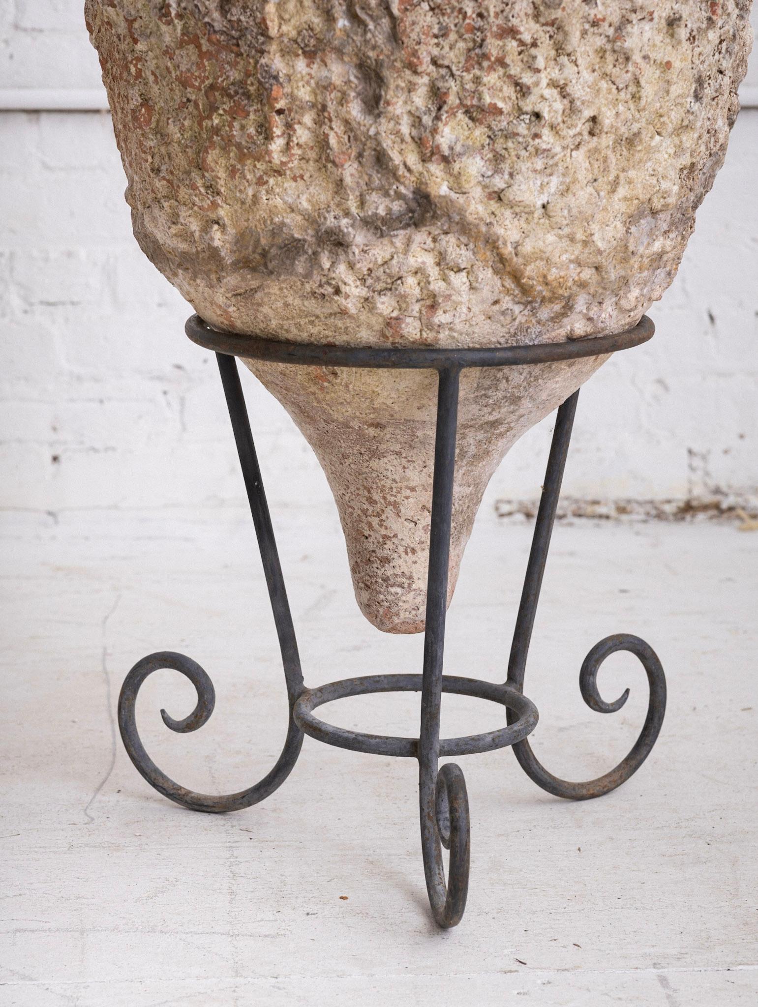 Antique Italian Earthenware Vessel on Iron Stand For Sale 3
