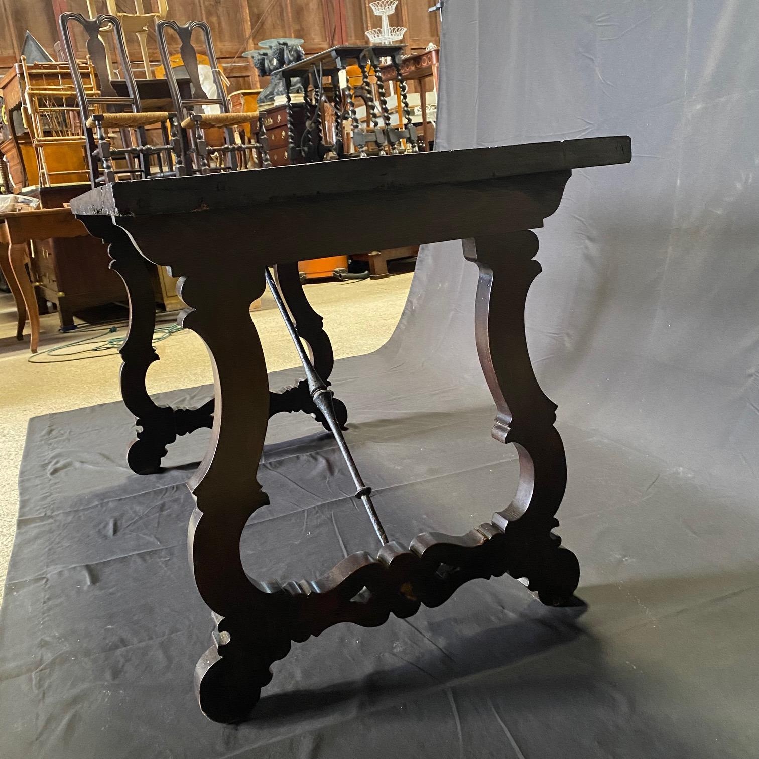 Antique Italian Ebonized Dining Table or Writing Desk with Iron Stretcher For Sale 5