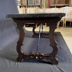 Antique Italian Ebonized Dining Table or Writing Desk with Iron Stretcher