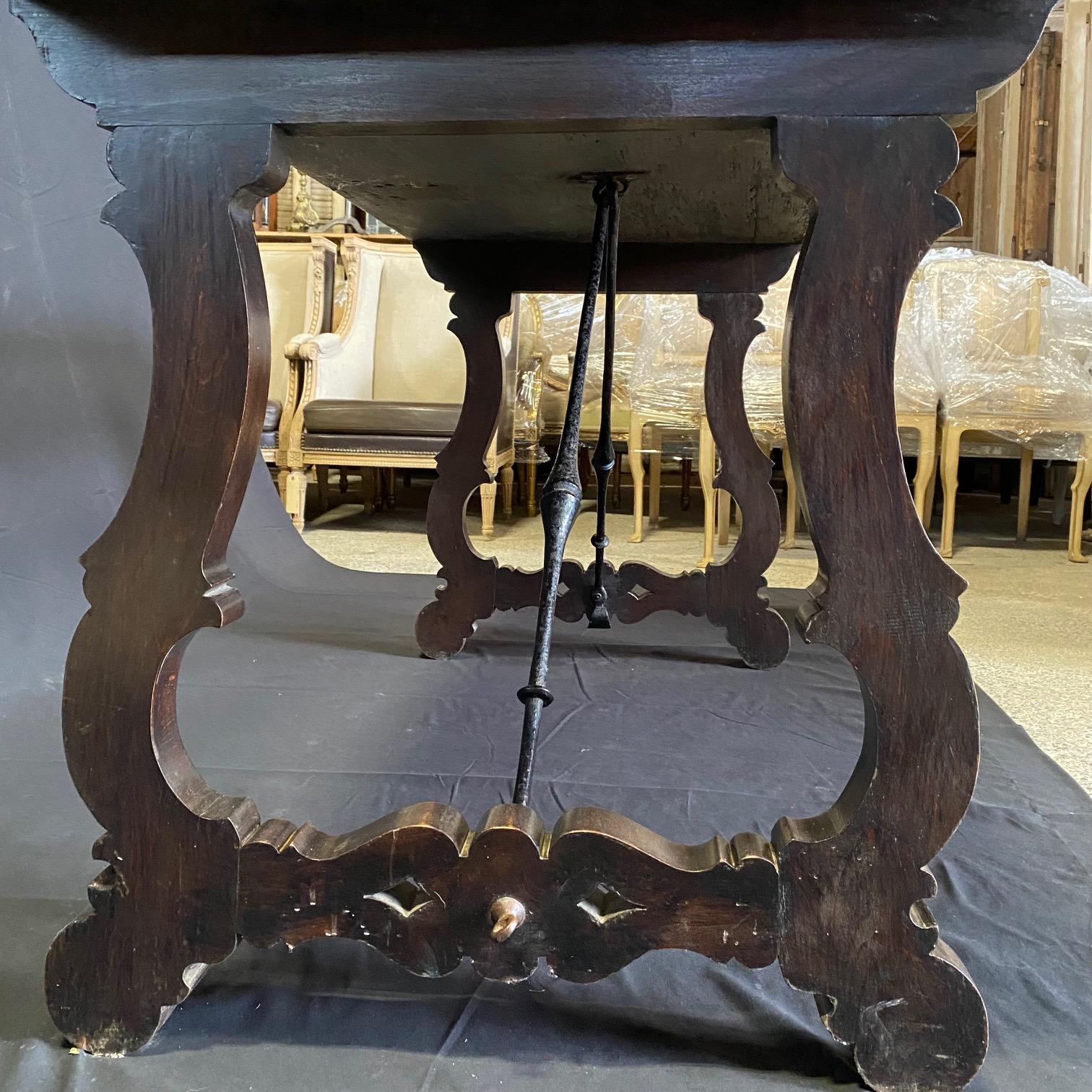 Rustic Antique Italian Ebonized Dining Table or Writing Desk with Iron Stretcher For Sale