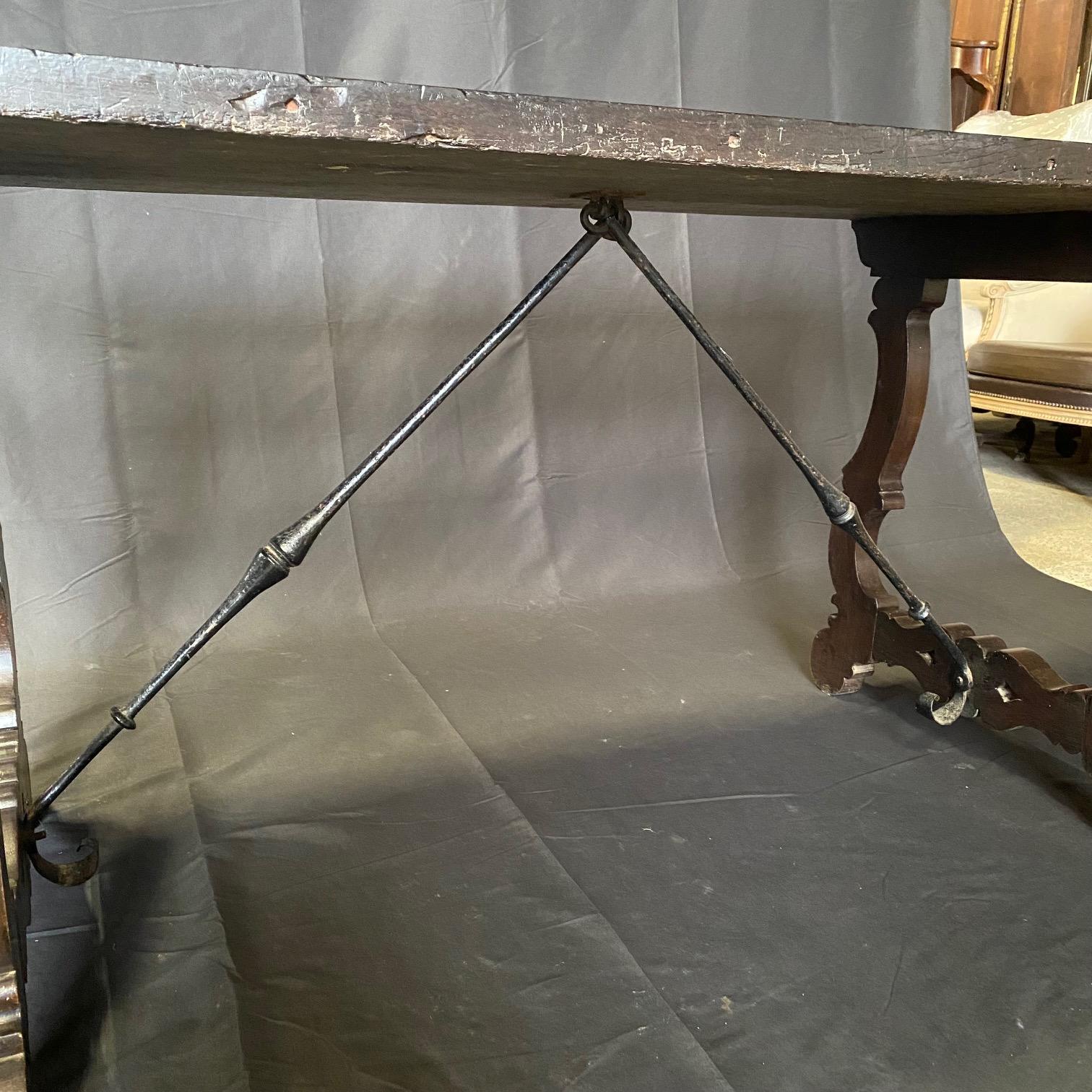 Antique Italian Ebonized Dining Table or Writing Desk with Iron Stretcher In Good Condition For Sale In Hopewell, NJ
