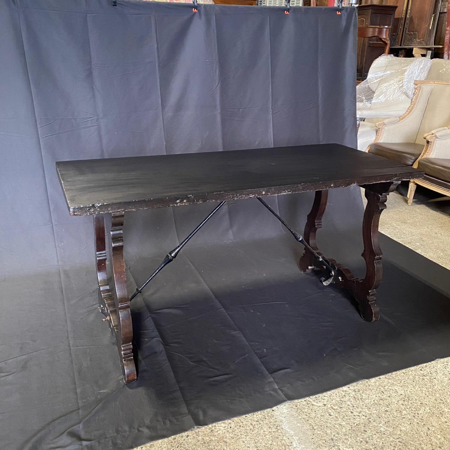 19th Century Antique Italian Ebonized Dining Table or Writing Desk with Iron Stretcher For Sale