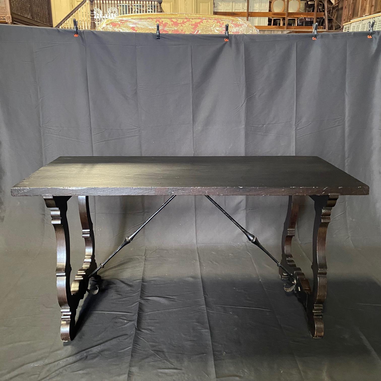 Antique Italian Ebonized Dining Table or Writing Desk with Iron Stretcher For Sale 1