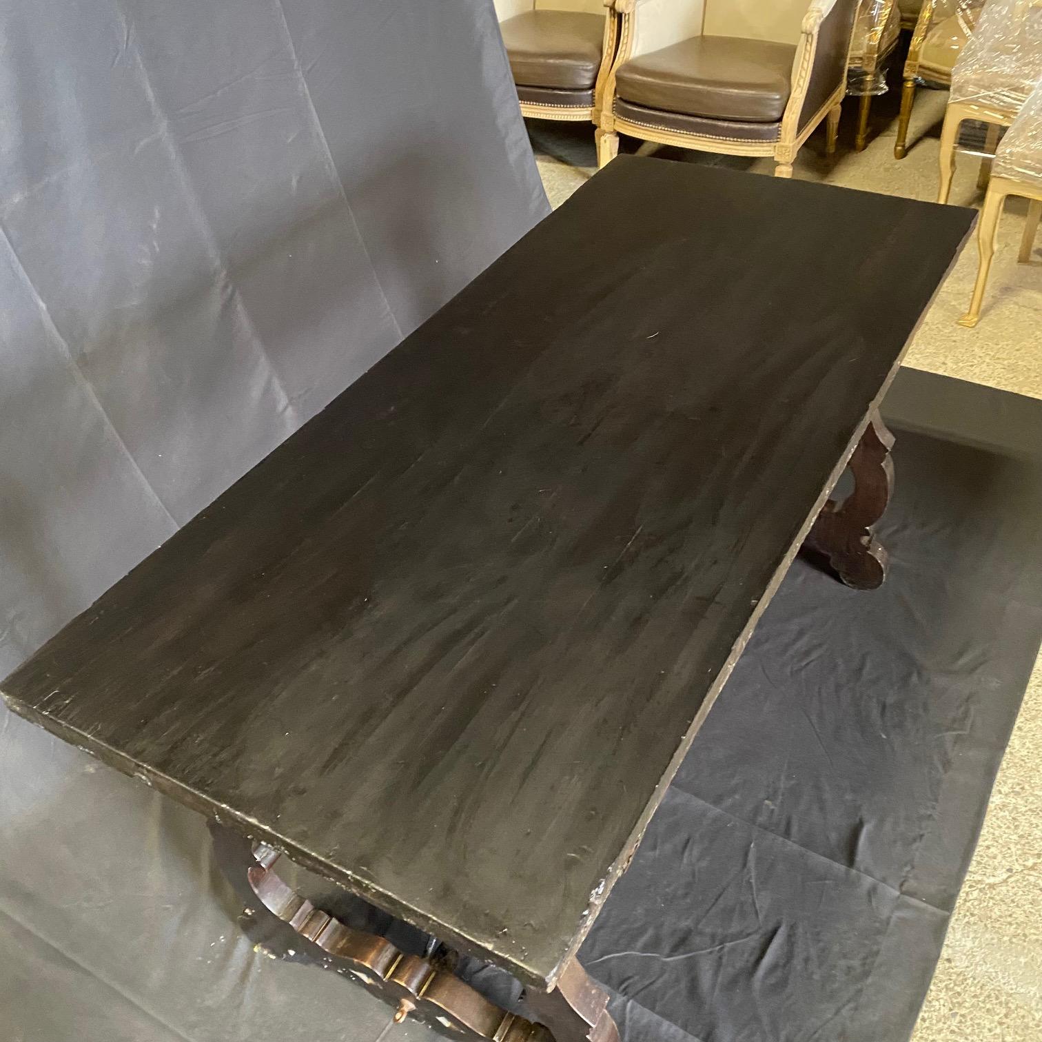 Antique Italian Ebonized Dining Table or Writing Desk with Iron Stretcher For Sale 4