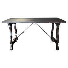 Antique Italian Ebonized Dining Table or Writing Desk with Iron Stretcher