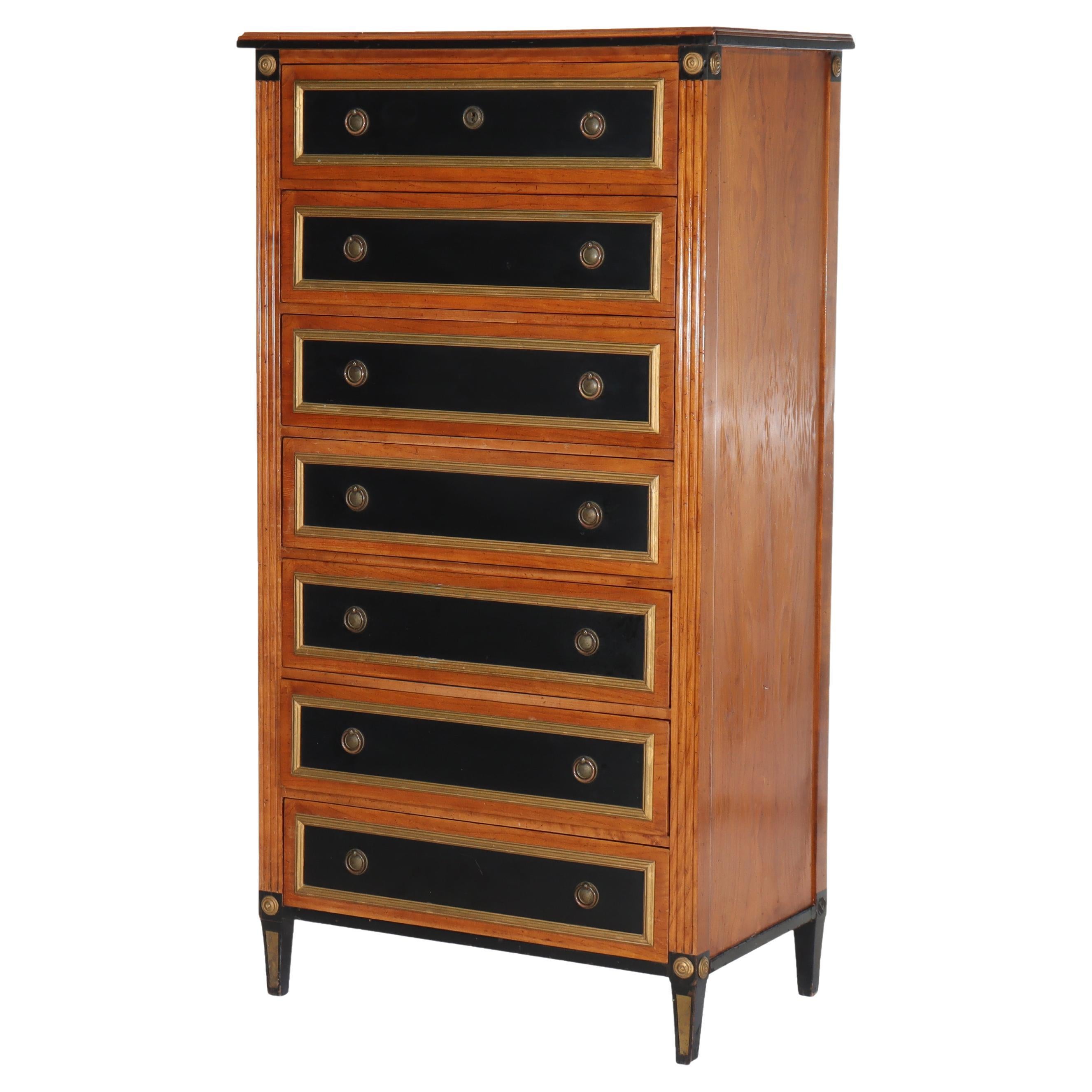 Antique Italian Ebonized & Gilt Trim Cherry 7-Drawer Classical Semainier C1930