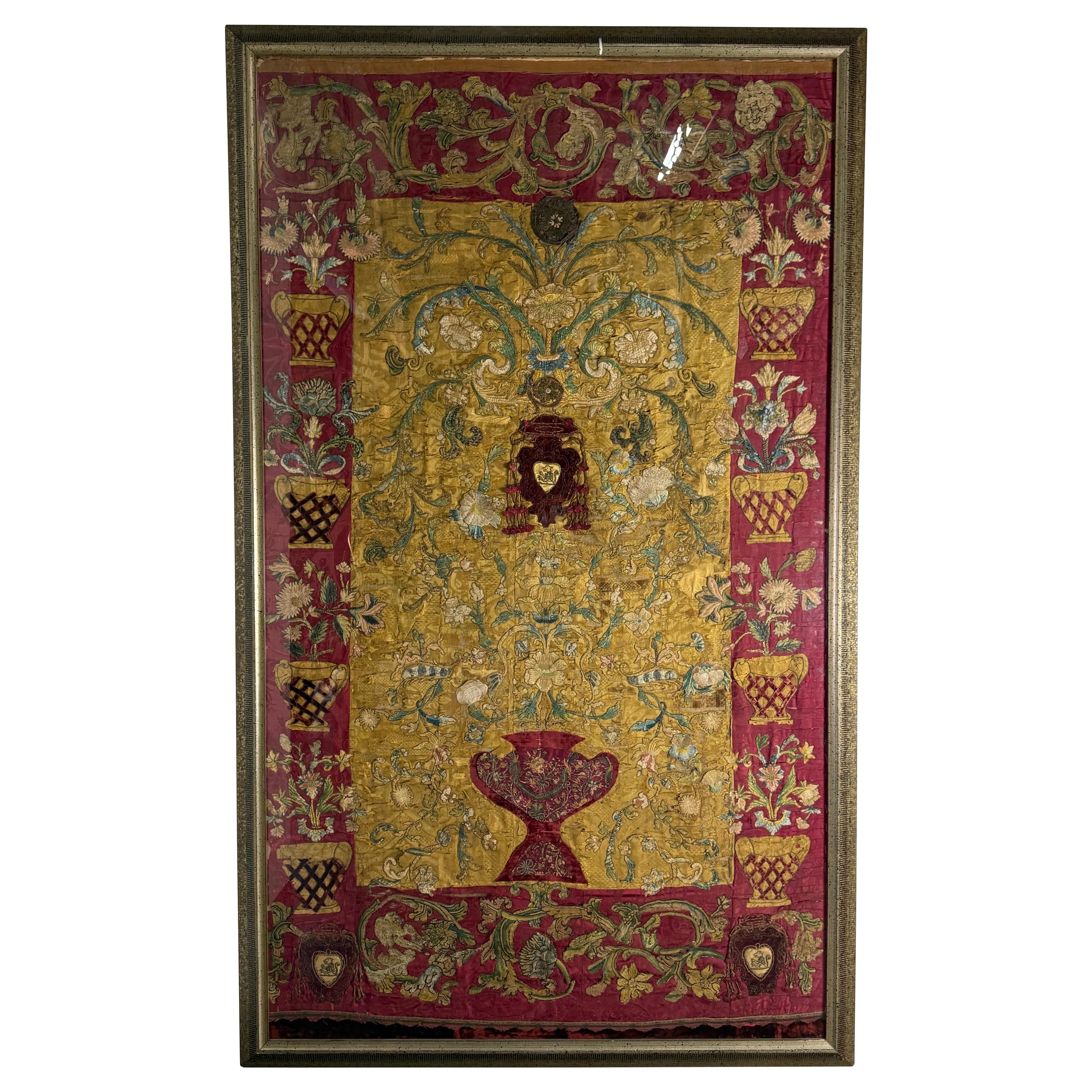Antique Italian Ecclesiastical Silk Embroidery Panel, 17th–18th Century