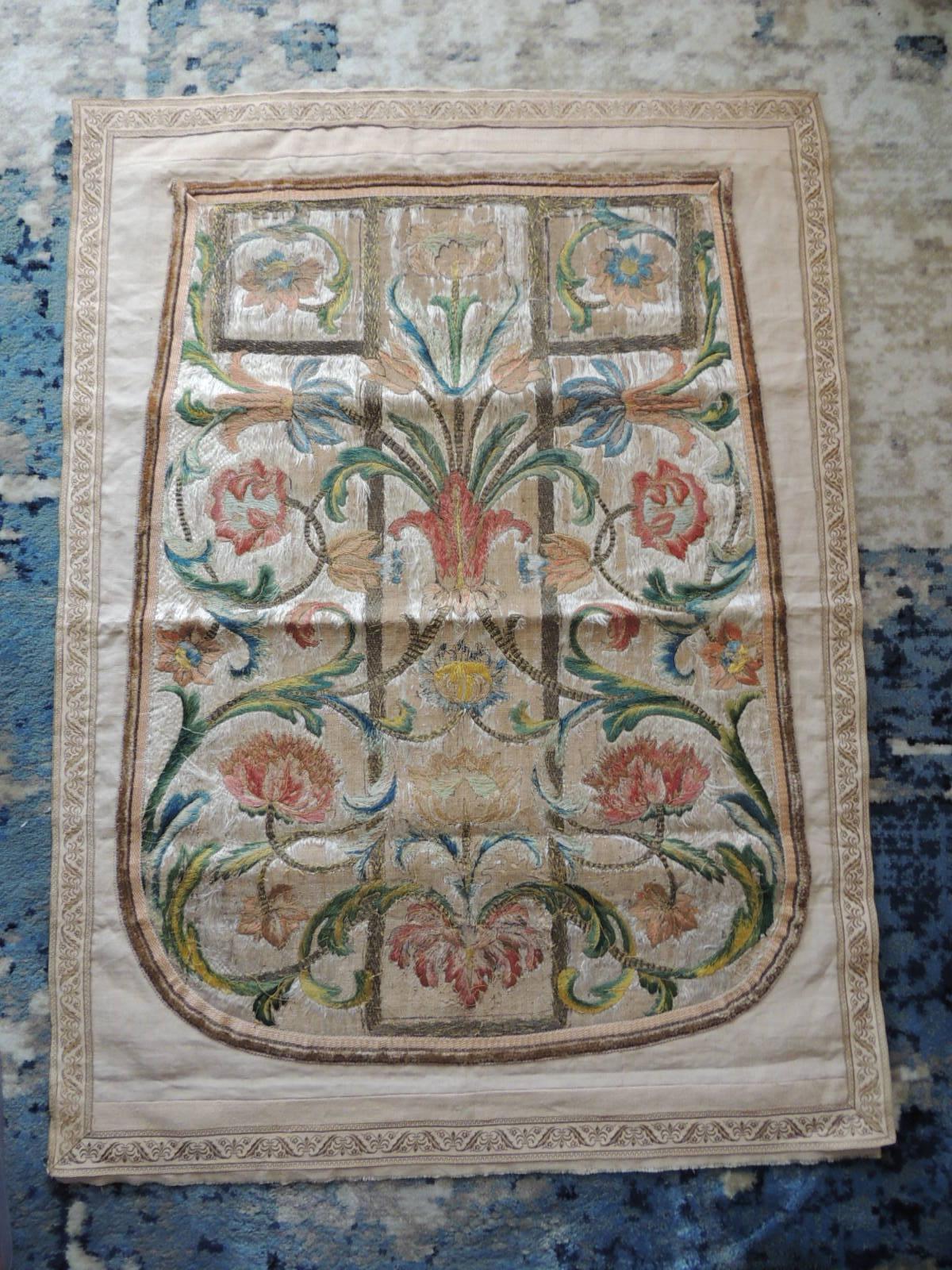 Antique Italian Embroidered Silk Floss Threads Chasuble Textile In Good Condition In Oakland Park, FL