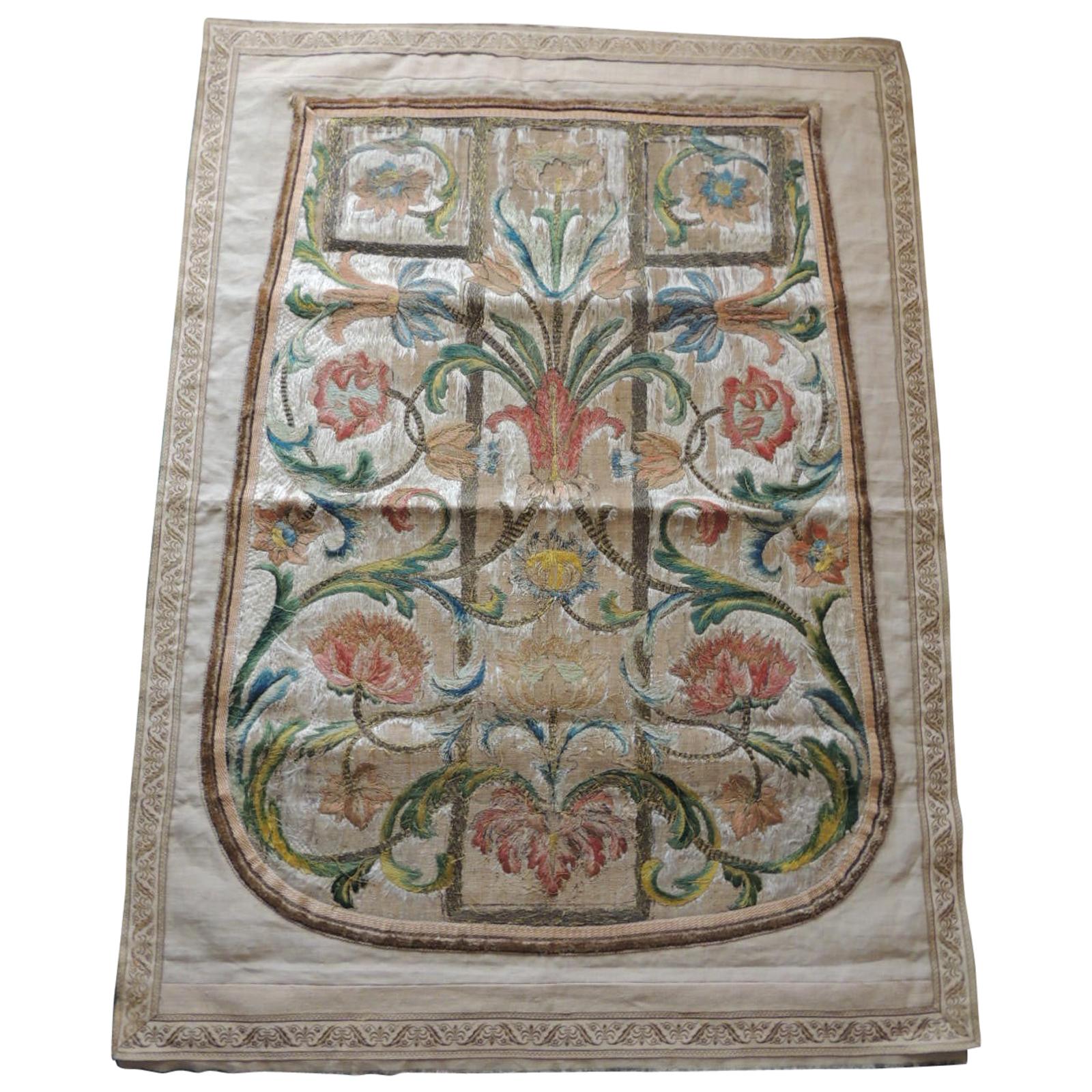 Antique Italian Embroidered Silk Floss Threads Chasuble Textile
