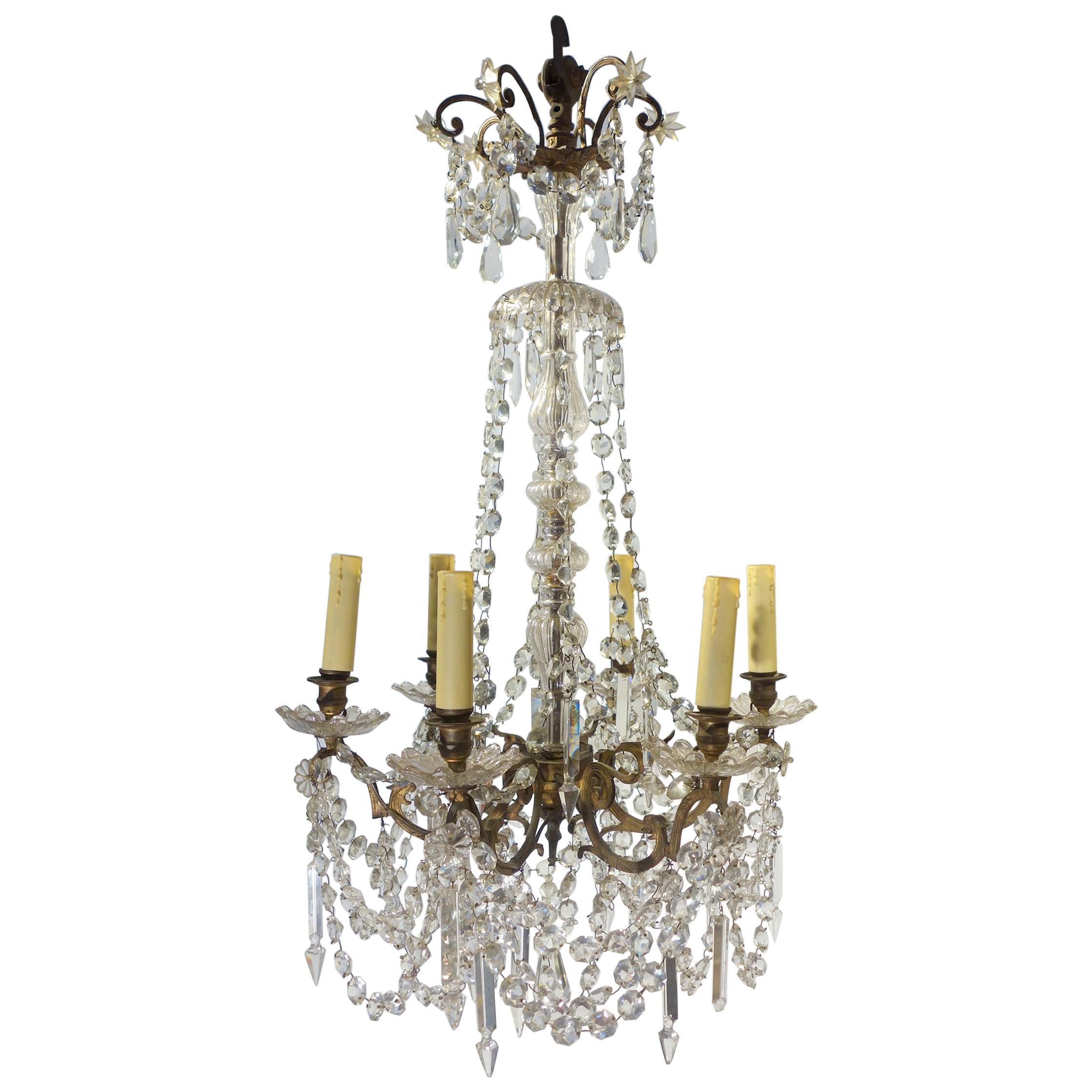 Antique Italian Empire Style Brass Rocaille Dragons on 6-Arm Crystal Chandelier For Sale