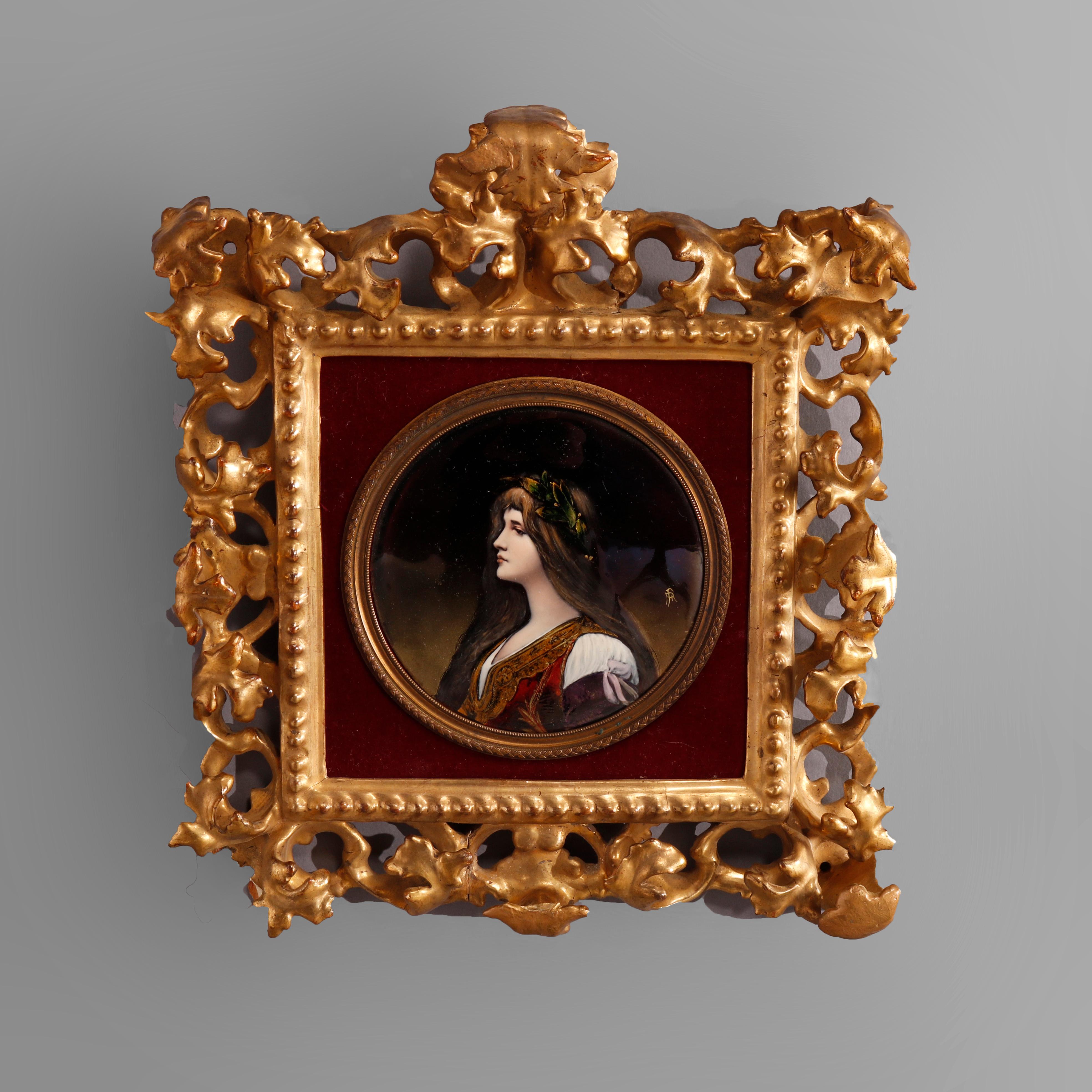 An antique Italian painting offers enamel on copper portrait of a Classical woman seated in reticulated foliate giltwood frame, artist signed with initials as photographed, 19th century

Measures - 11.5'' H x 10.5'' W x 2'' D.

Catalogue Note: Ask