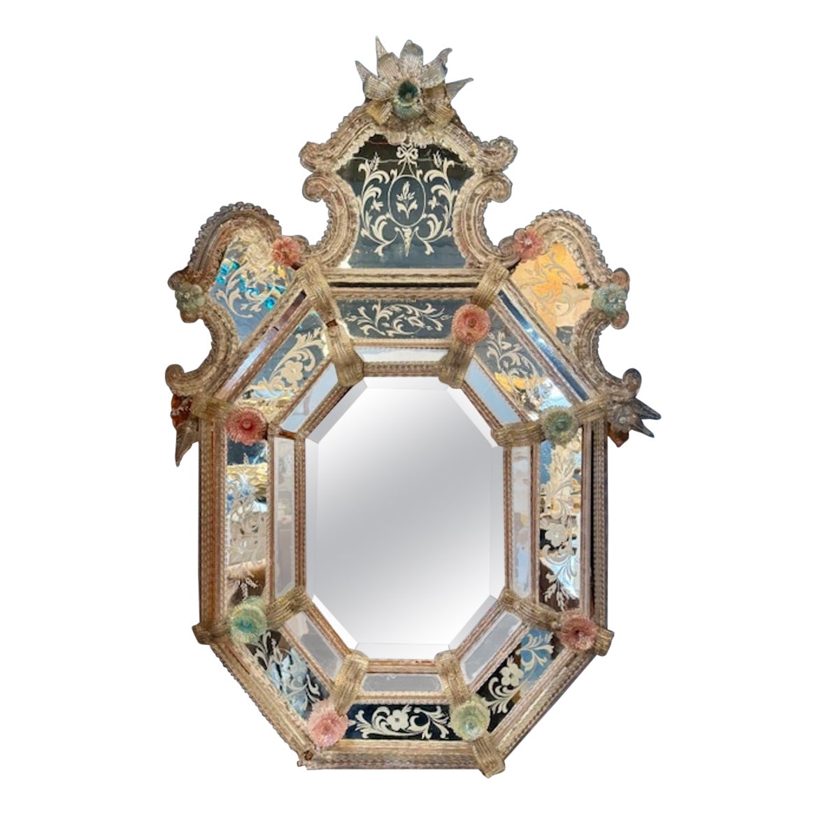 Antique Italian Etched Venetian Mirror with Pink Flowers