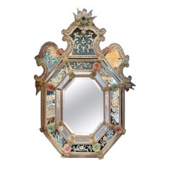 Antique Italian Etched Venetian Mirror with Pink Flowers