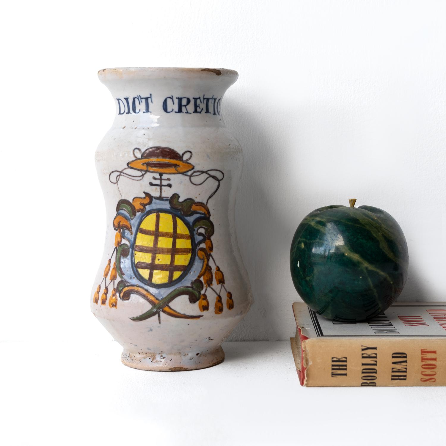 18th Century and Earlier Antique Italian Faience Albarello, 18th Century Majolica Apothecary Storage Jar For Sale