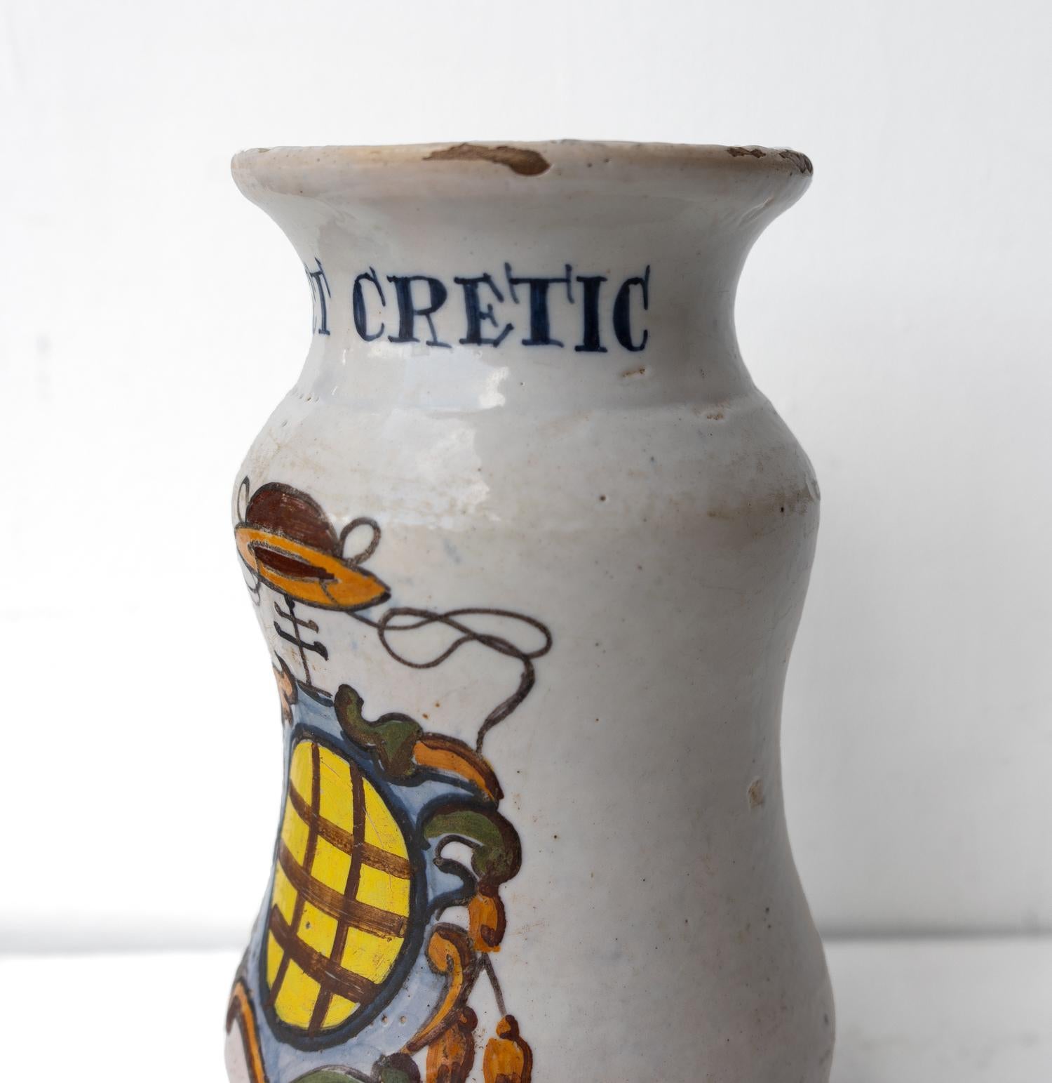 Ceramic Antique Italian Faience Albarello, 18th Century Majolica Apothecary Storage Jar For Sale