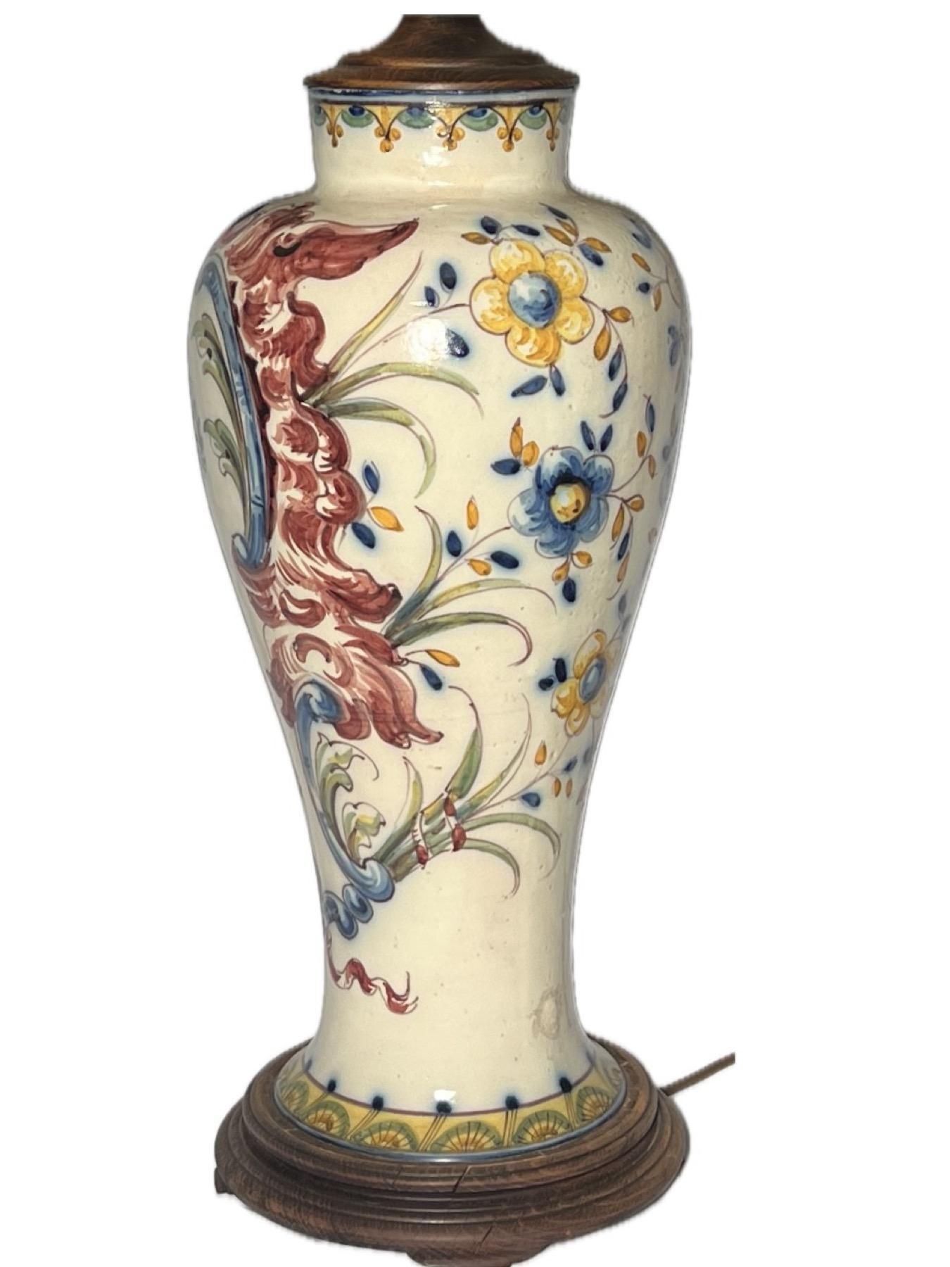 19th Century Antique Italian Faience Majolica Porcelain Vase Converted into a Lamp Ca. 1880   For Sale