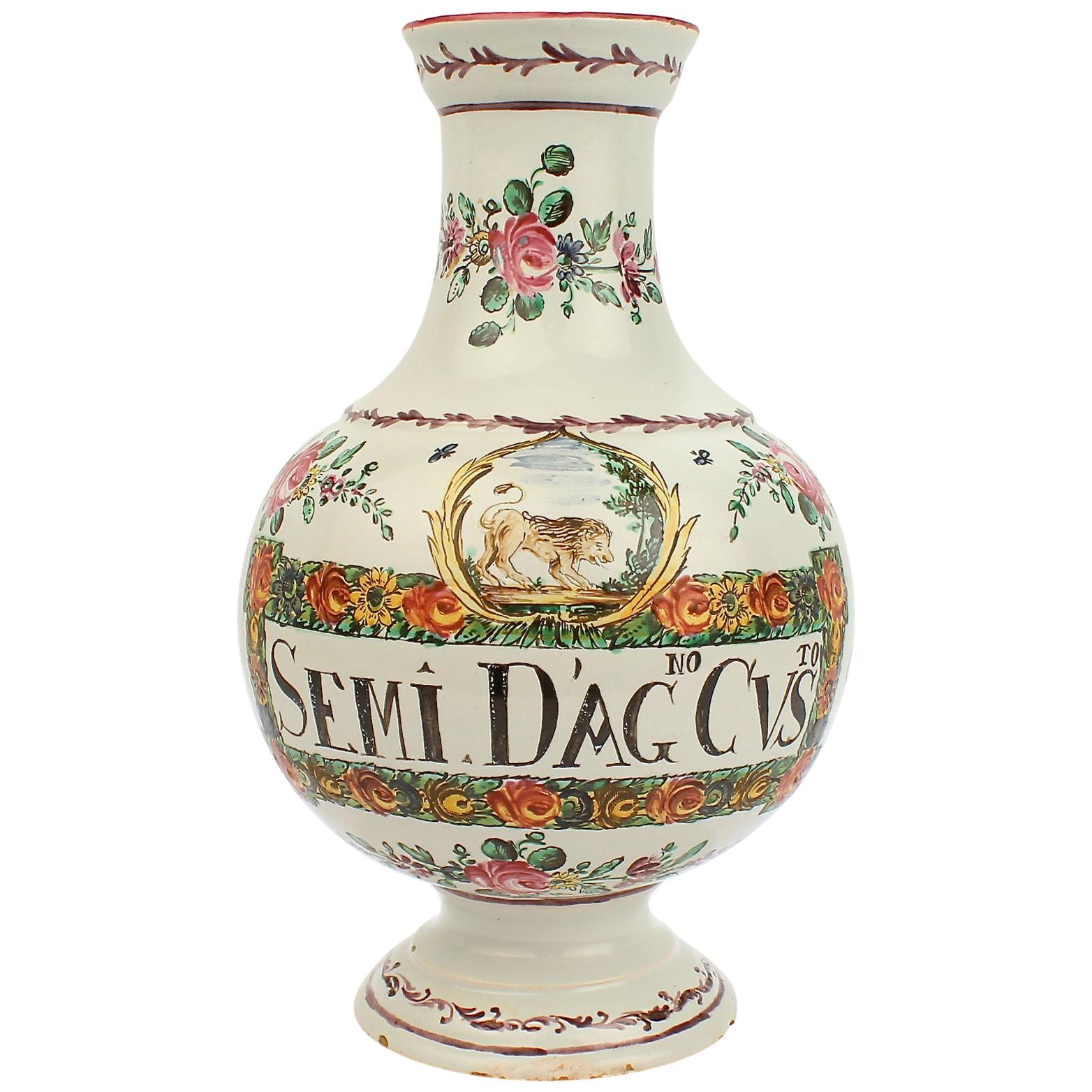Antique Italian Faience Pottery Apothecary Semi d' Agnocasto Drug Jar For Sale