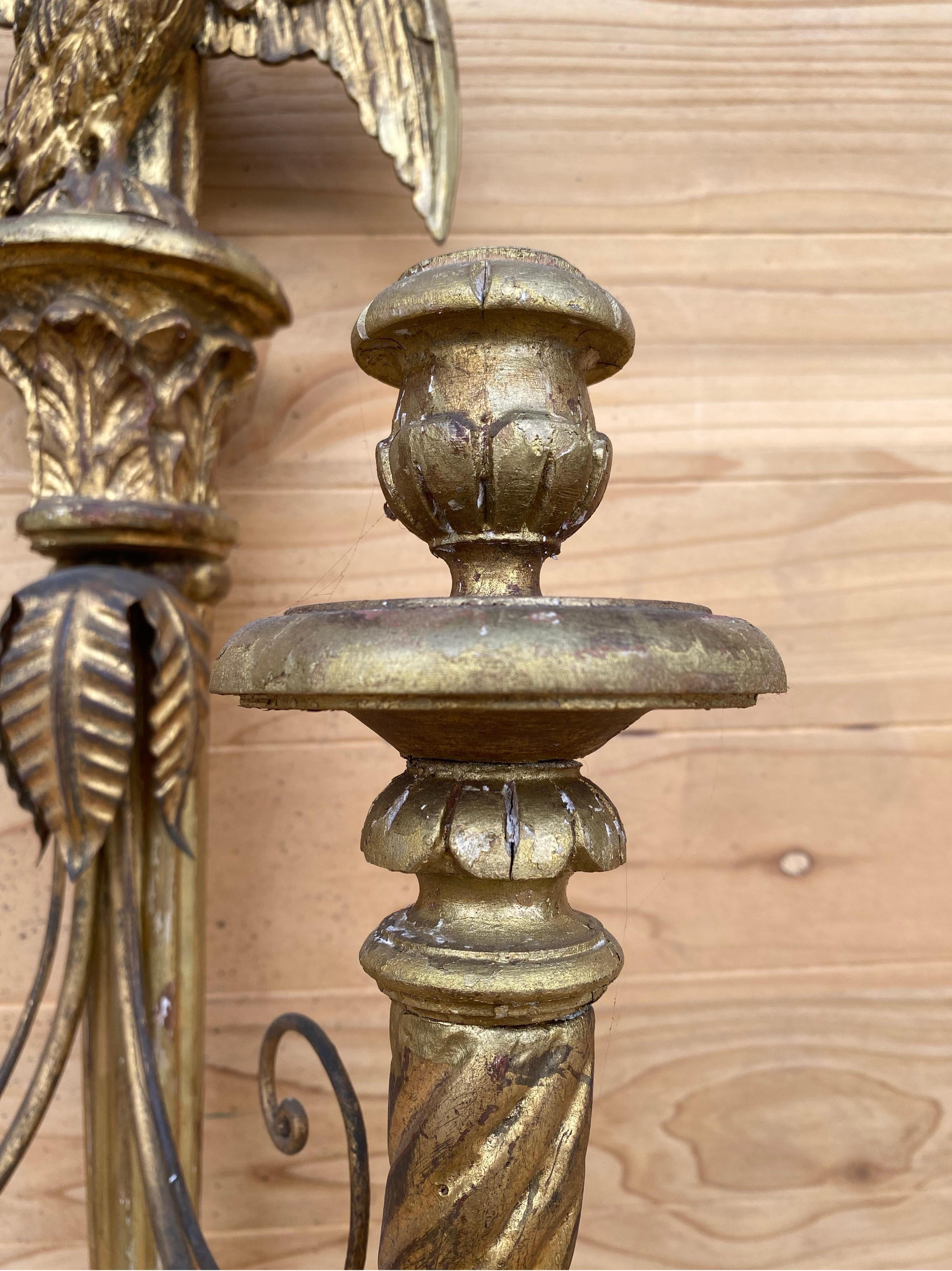 20th Century Antique Italian Federal Style Carved Gold Gilded  Candle Wall Sconce - Pair For Sale
