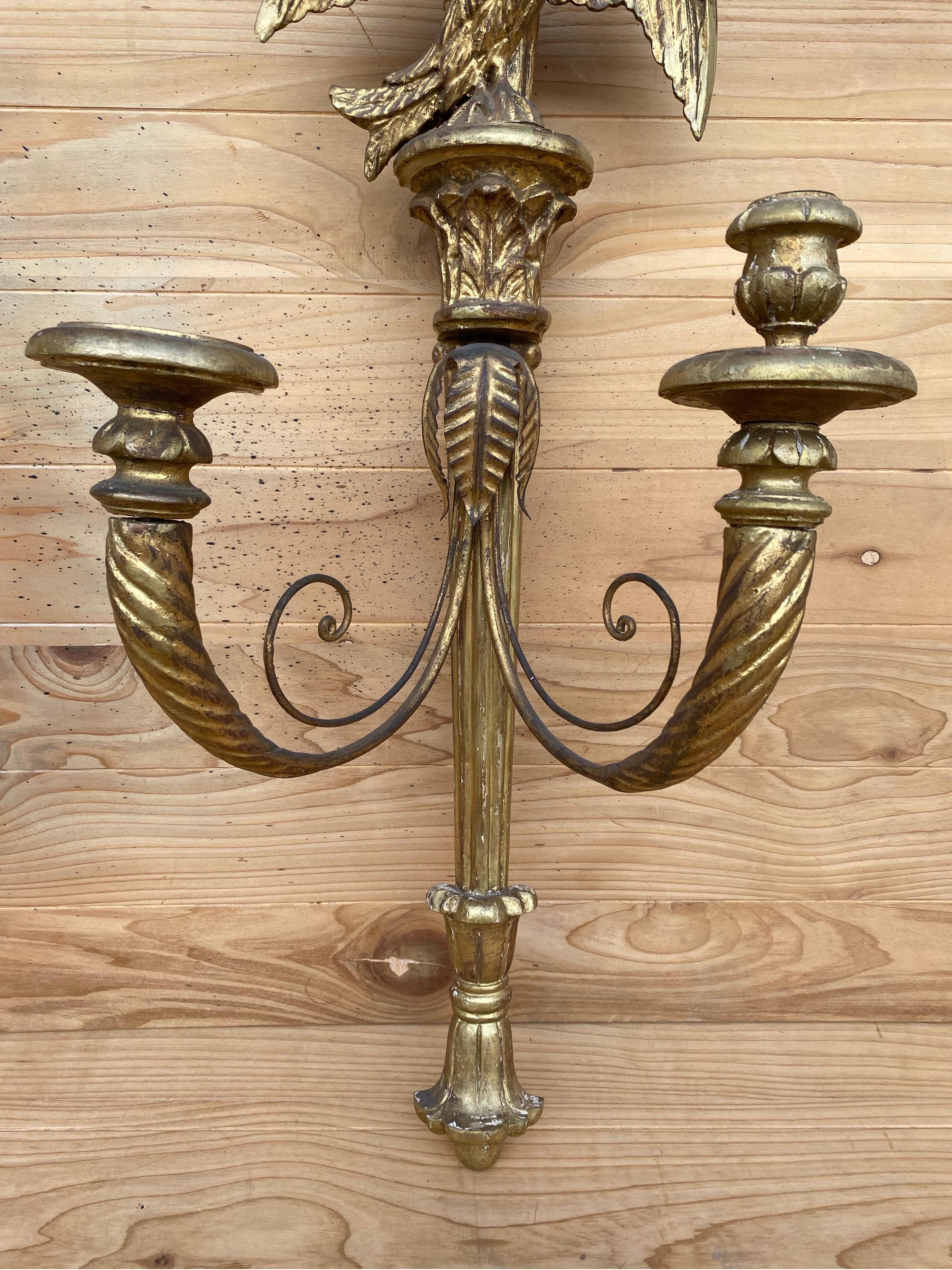Antique Italian Federal Style Carved Gold Gilded  Candle Wall Sconce - Pair For Sale 2