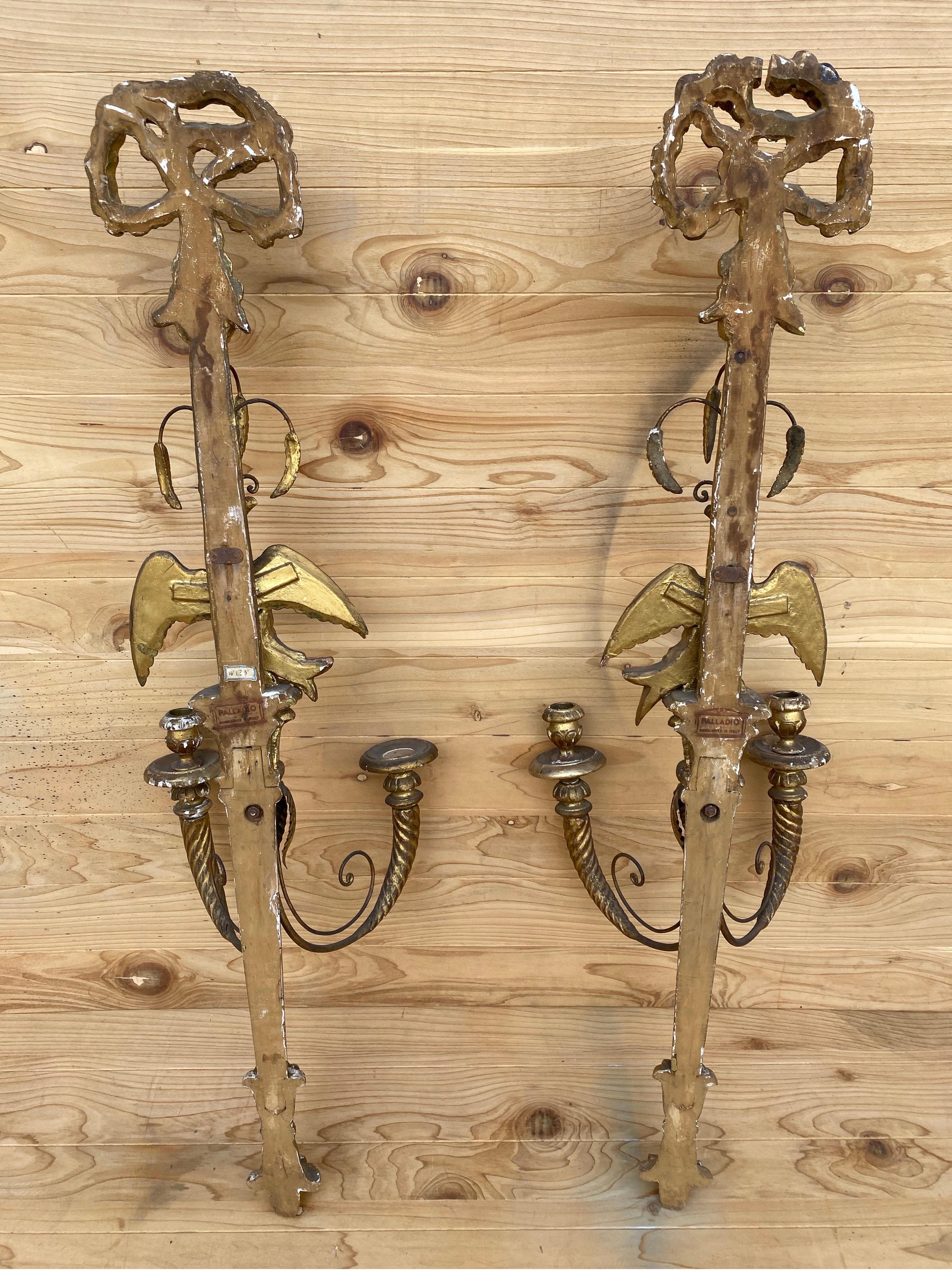 Antique Italian Federal Style Carved Gold Gilded  Candle Wall Sconce - Pair For Sale 3