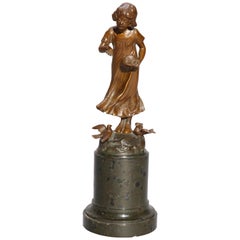 Antique Italian Figural Bronze Sculpture of Girl and Birds, Signed Ferrari