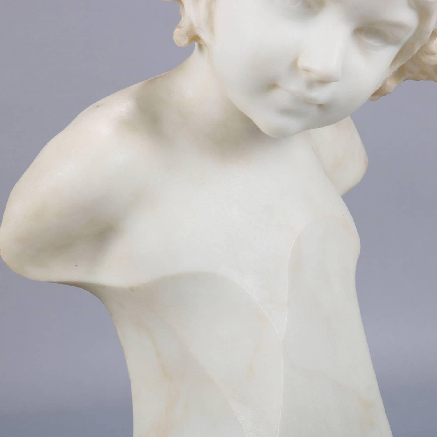 Hand-Carved Antique Italian Figural Carved Marble Portrait Bust Sculpture, Young Girl