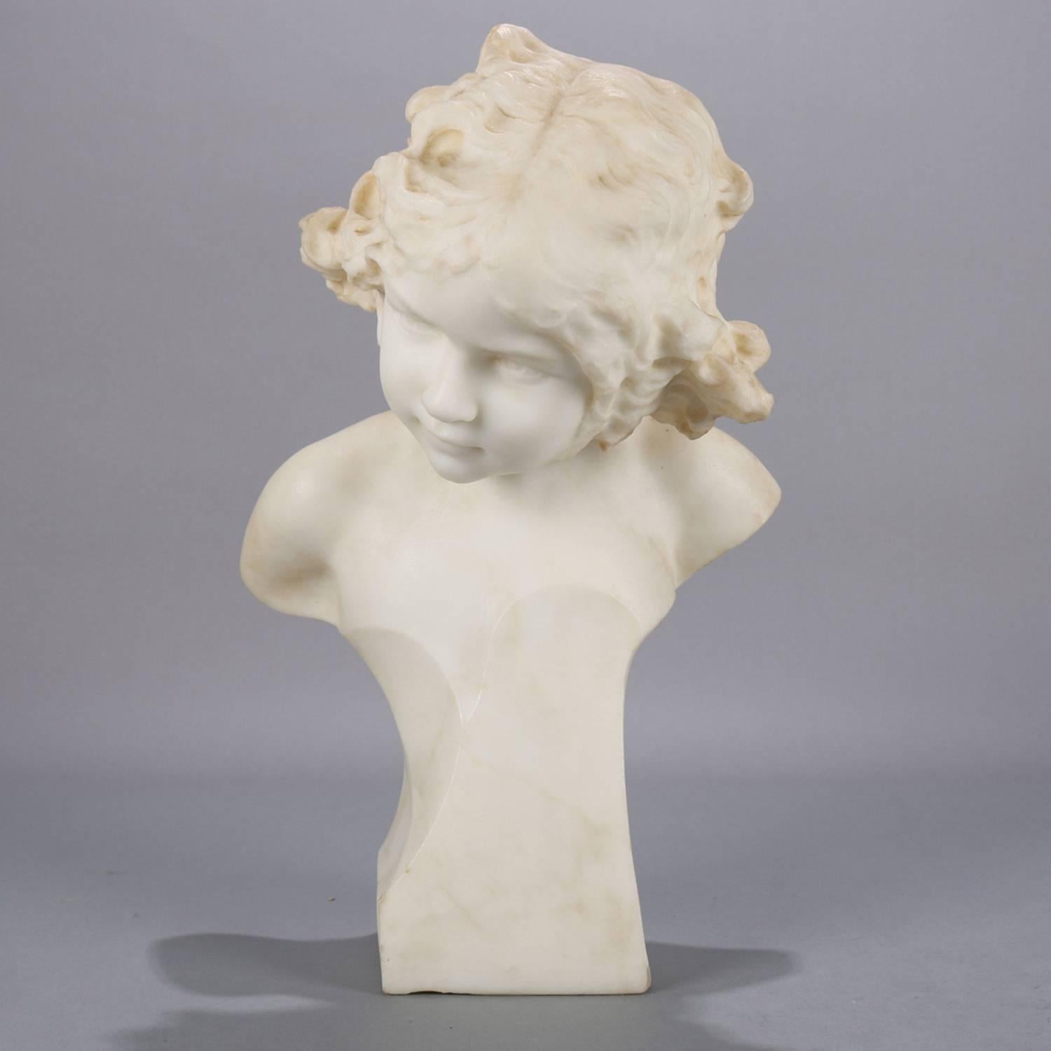 Antique Italian Figural Carved Marble Portrait Bust Sculpture, Young Girl In Good Condition In Big Flats, NY