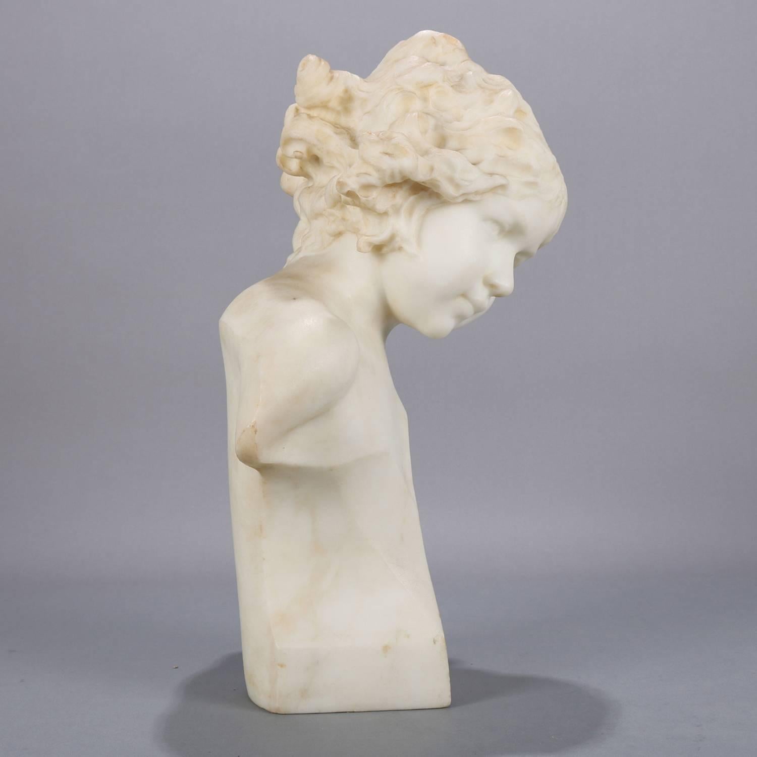 19th Century Antique Italian Figural Carved Marble Portrait Bust Sculpture, Young Girl