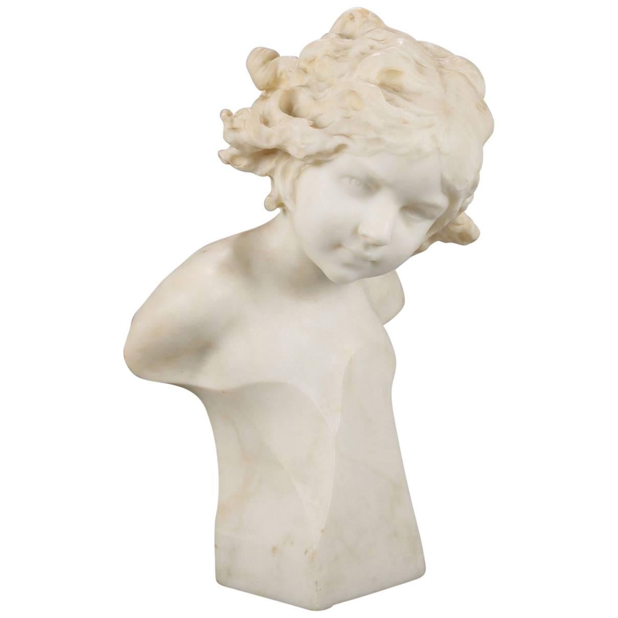 Antique Italian Figural Carved Marble Portrait Bust Sculpture, Young Girl