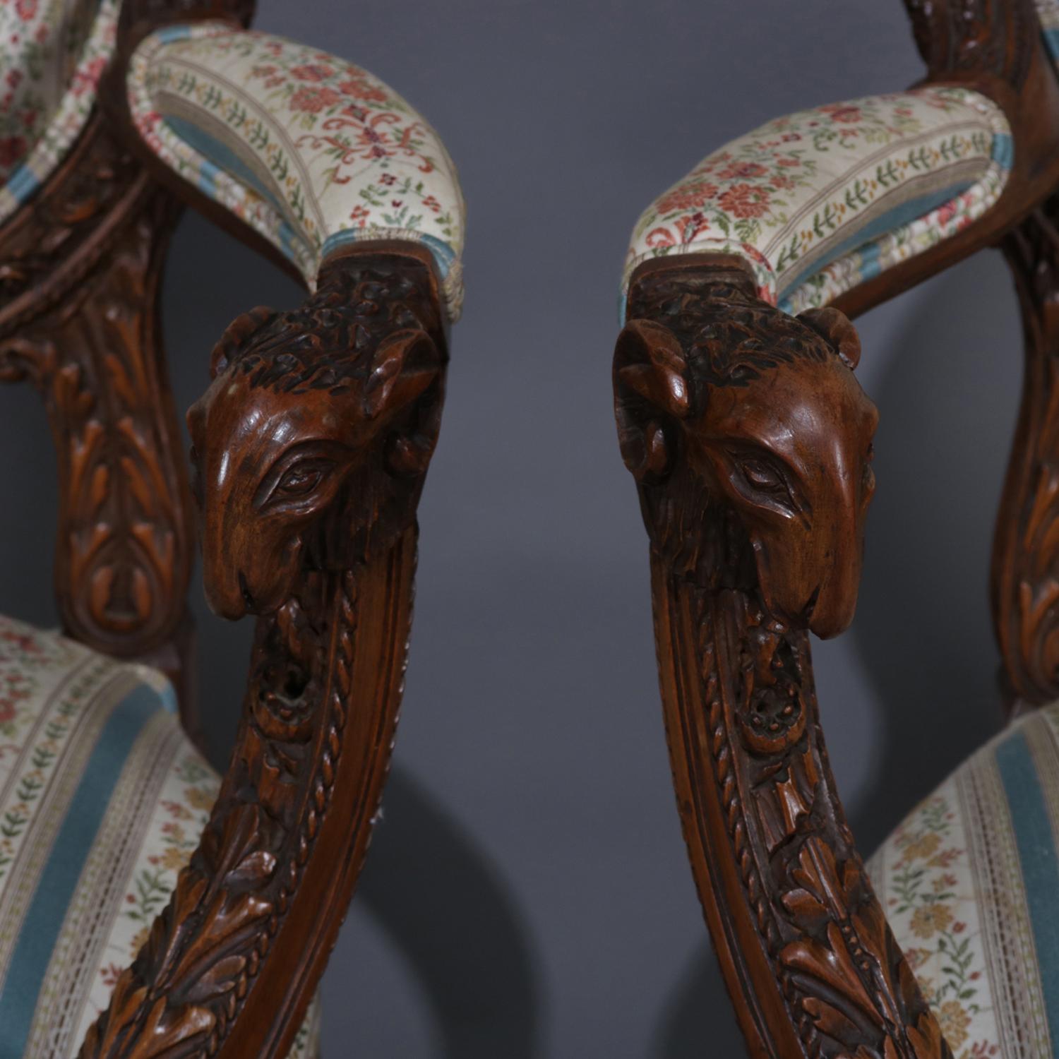 Antique Italian Figural Carved Walnut Upholstered Parlor Set, Doves and Rams 8