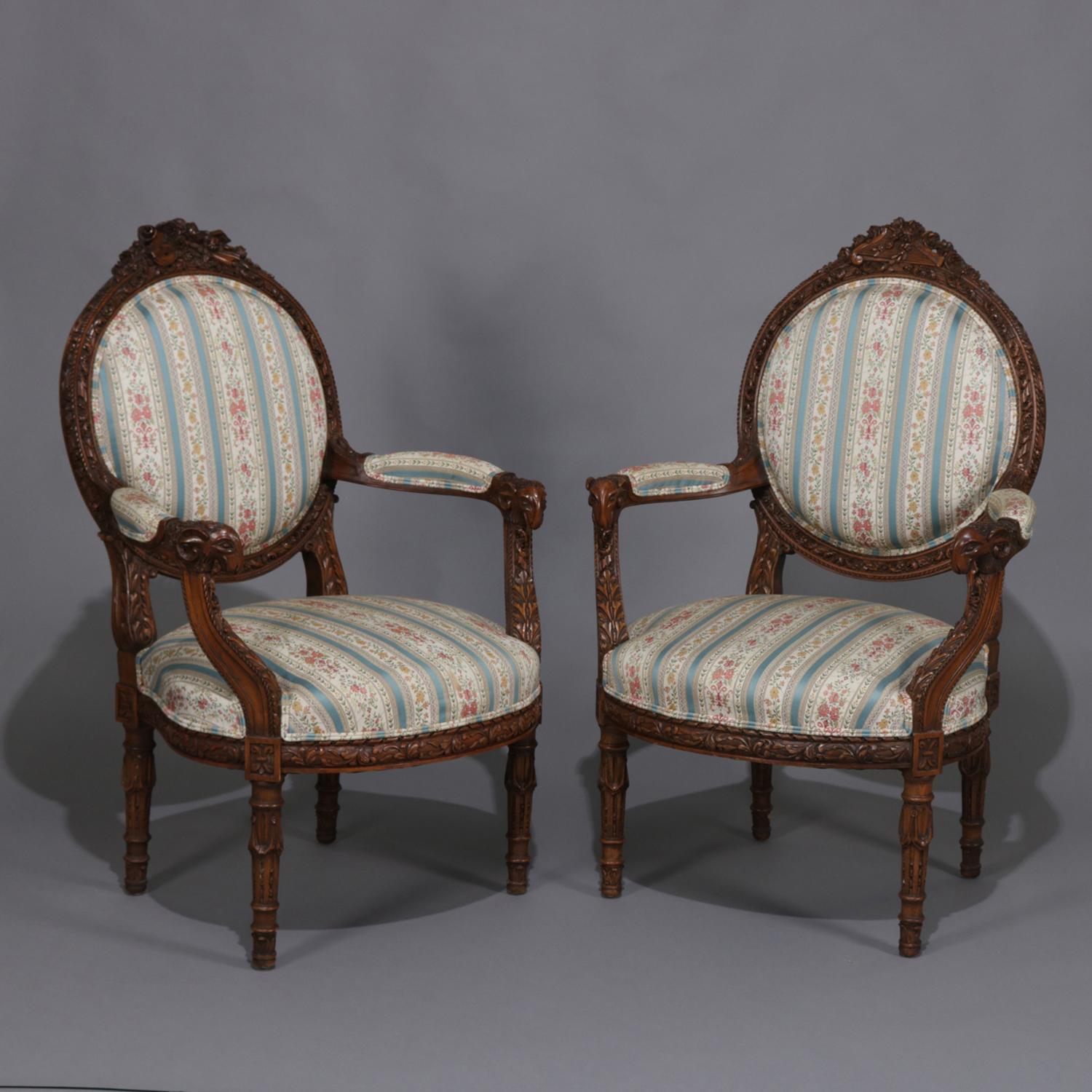 Antique Italian Figural Carved Walnut Upholstered Parlor Set, Doves and Rams In Good Condition In Big Flats, NY